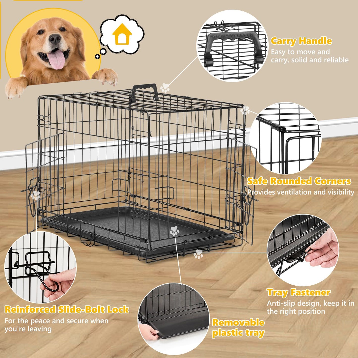 Dog Crate with Divider Panel, 24 Inch Double Door Folding Metal Wire Dog Cage with Plastic Leak-Proof Pan Tray, Pet Kennel for Indoor