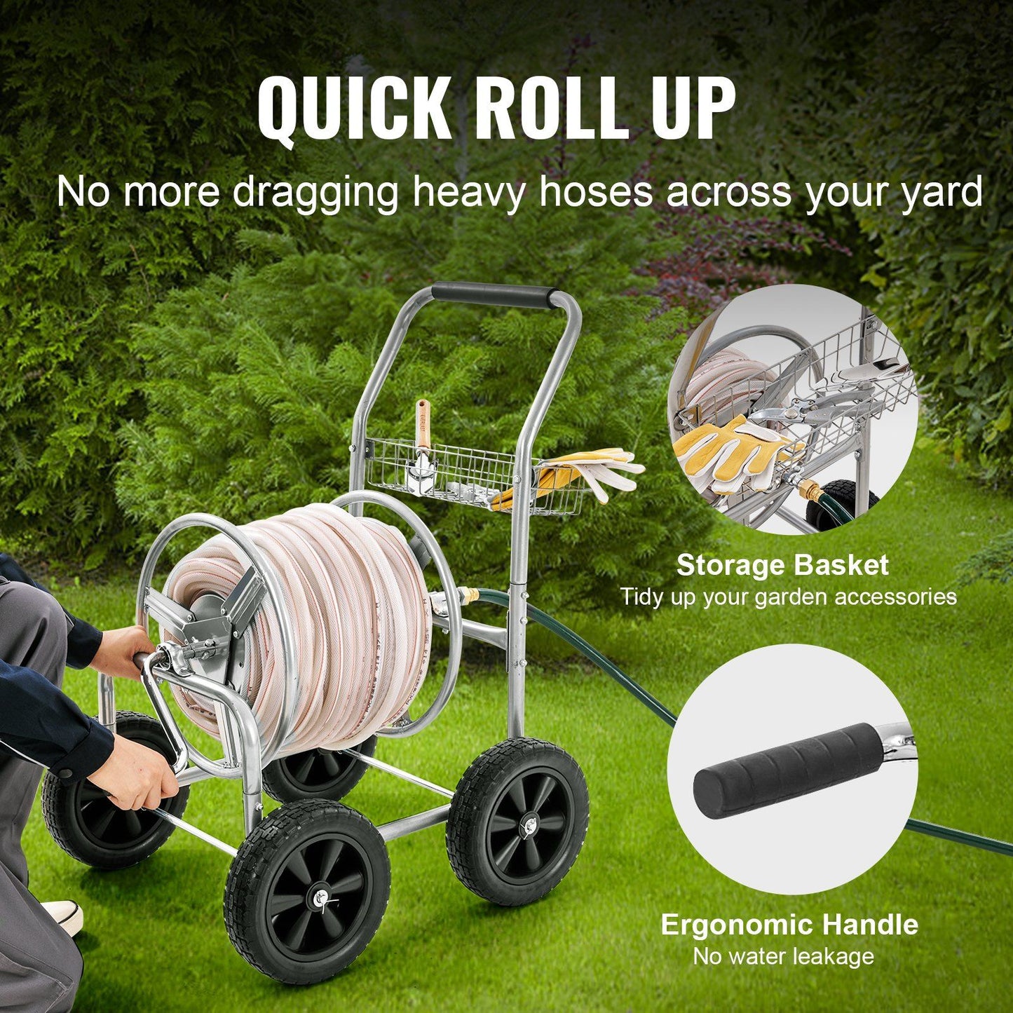 VEVOR Hose Reel Cart, Hold Up to 300 ft of 5/8'' Hose, Garden Water Hose Carts Mobile Tools with 4 Wheels, Heavy Duty Powder-coated Steel Outdoor Planting with Storage Basket, for Garden, Yard, Lawn