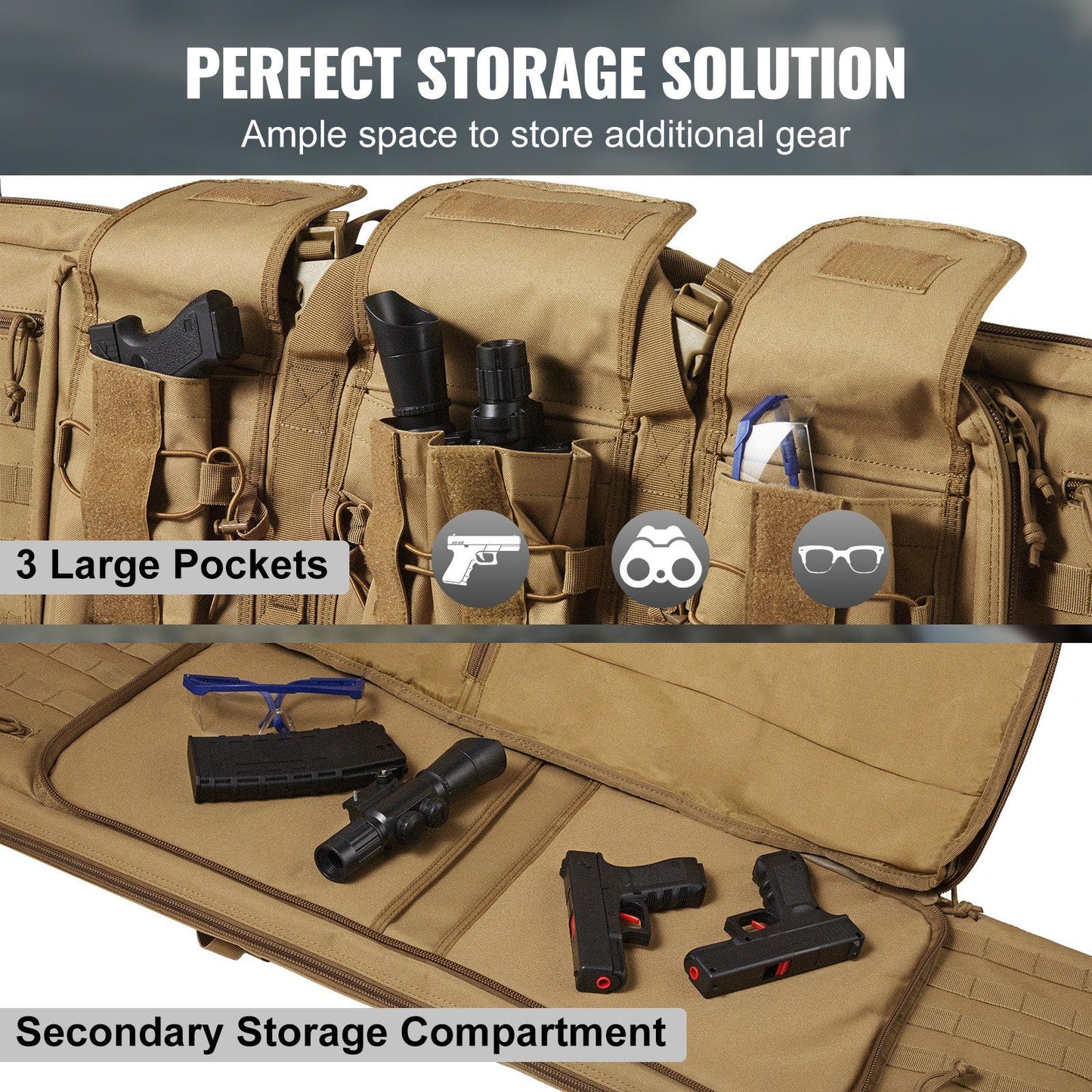 VEVOR Tactical Range Bag, 42 inch Tactical Double Firearm Bag, Soft Outdoor Tactical Case with Lockable Zipper, Portable Handle & Shoulder Strap, 3 Large Storage Pockets Tactical Range Case, Brown