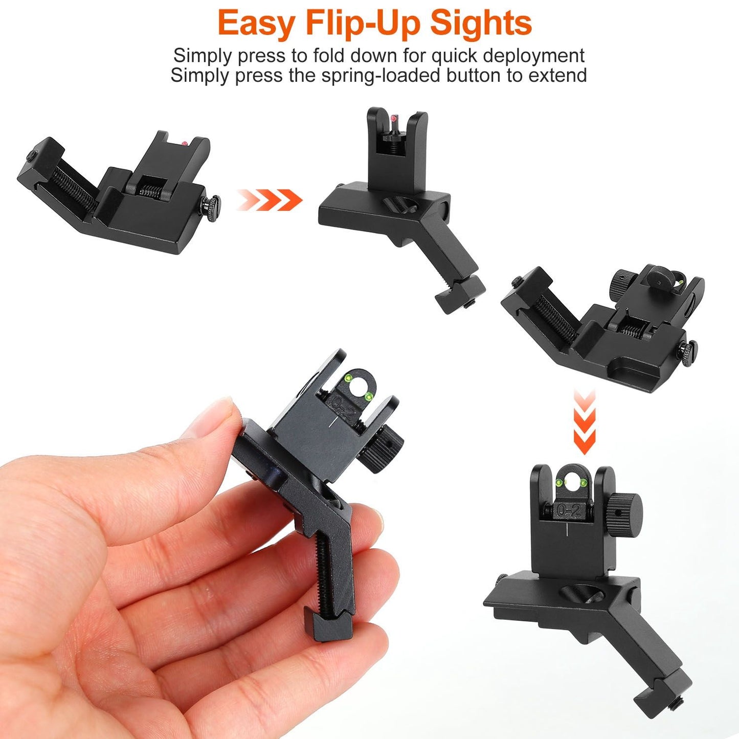 45 Degree Offset Rear Front Flip Up Sights Fiber Optics Aluminum Sights Tactical Folding Back Up Sight Set with Red Green Dots Fit Picatinny Weaver Rails