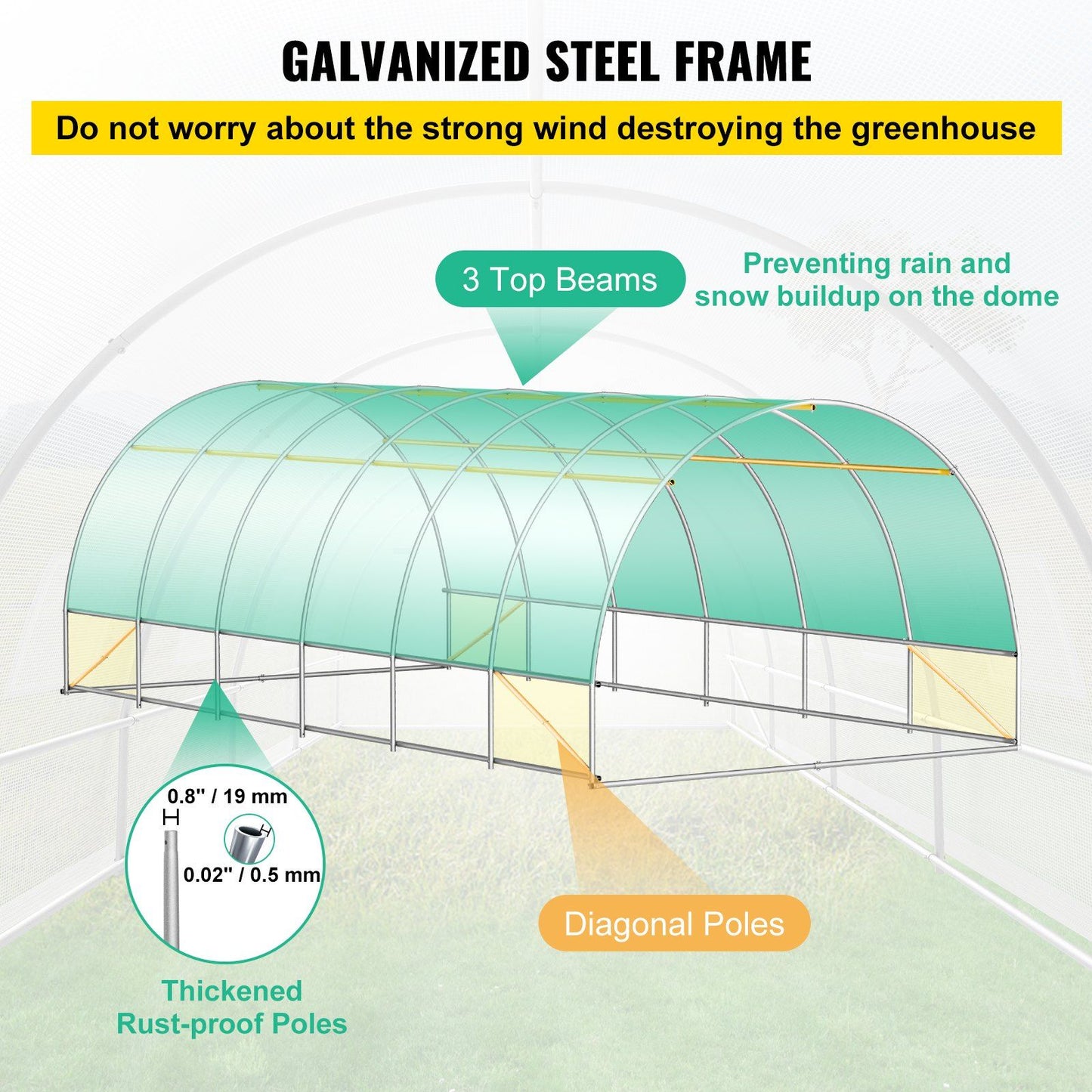 VEVOR Walk-in Tunnel Greenhouse, 20 x 10 x 7 ft Portable Plant Hot House w/ Galvanized Steel Hoops, 3 Top Beams, Diagonal Poles, 2 Zippered Doors & 12 Roll-up Windows, White