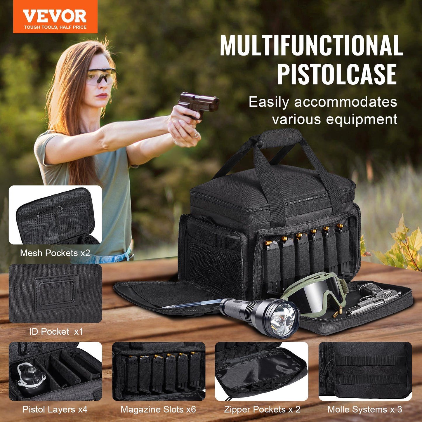 VEVOR Range Bag for 4 Pistols Tactical Gun Range Bag Single Shoulder Strip Black