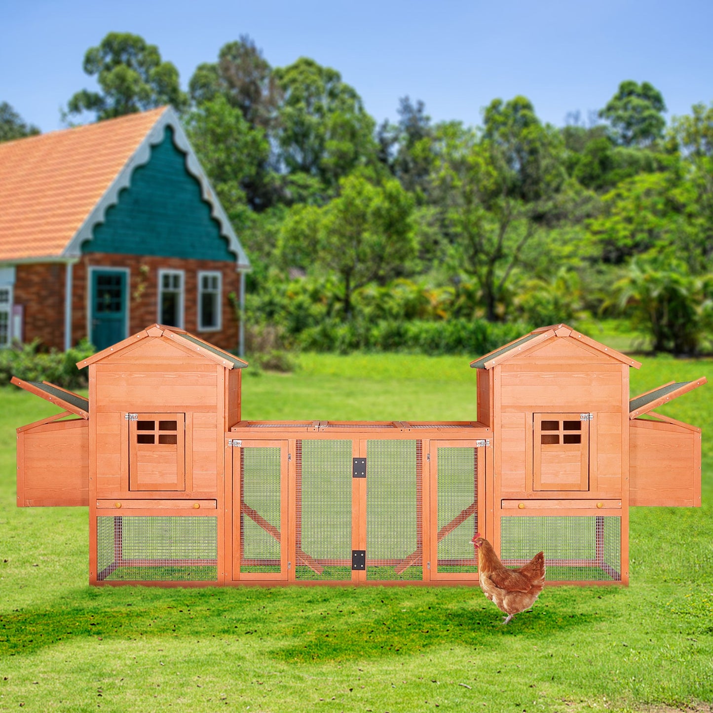 Outdoor Wooden Chicken Coop;  124' Large Hen Cage Rabbit House;  Bunny Hutch with Ventilation Door;  Removable Ramp Garden Backyard Pet House Chicken Nesting Box