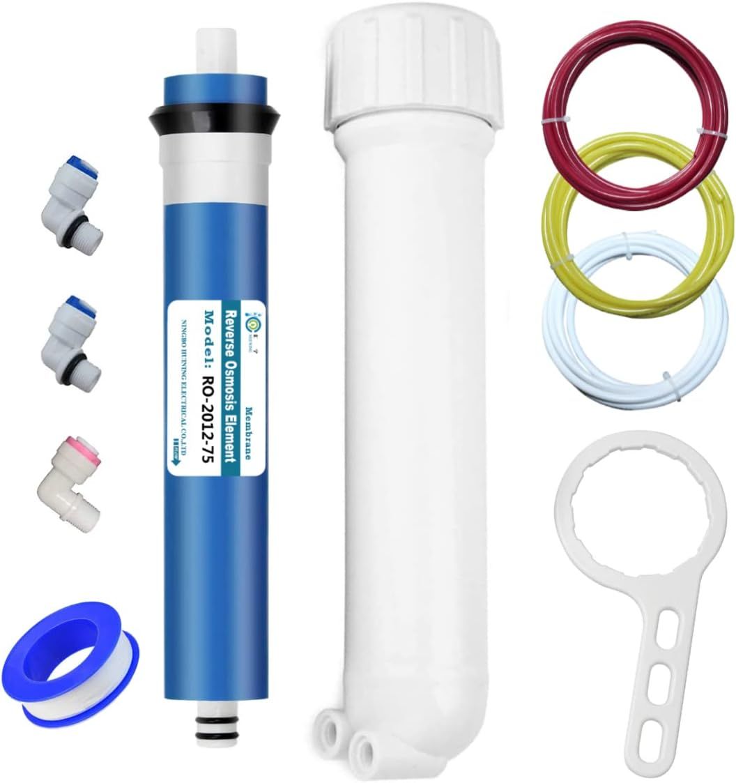 HUINING Reverse Osmosis Membrane 50/75/100/150/400/500GPD and RO Membrane Housing Kit with Quick Connector,Check Valve,Water Pipe,Wrench  for Residential Household Hospital Water Filtration System