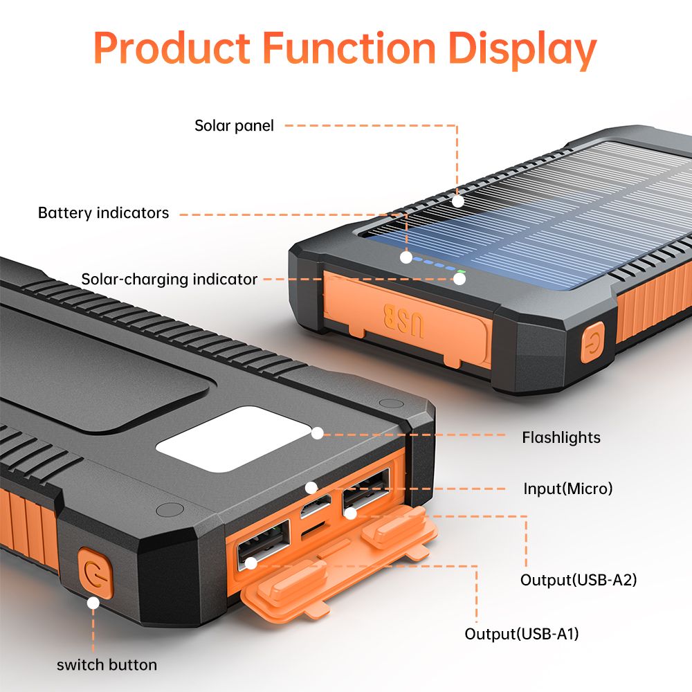 Solar-Powered Portable Charger With Built-In Light, Featuring An 8000mAh High-Capacity Battery Pack, Capable Of Solar Charging And Illumination, Compatible With IPhone