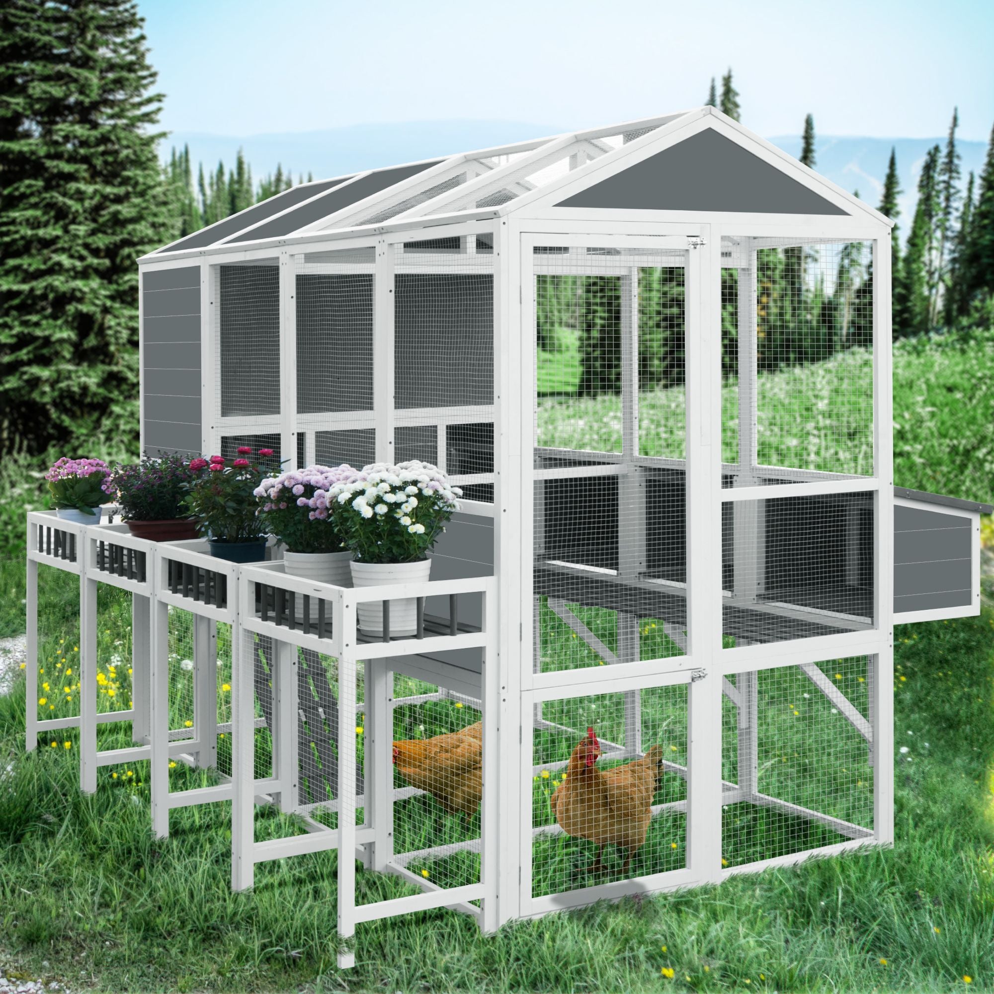 Chicken Coop with Chicken Run, Chicken Coops for 10 Chickens Outdoor with Nesting Boxes , Wooden Walk-in Chicken House with Pull Out Trays , Garden Backyard Cage (95''X80''X83'')