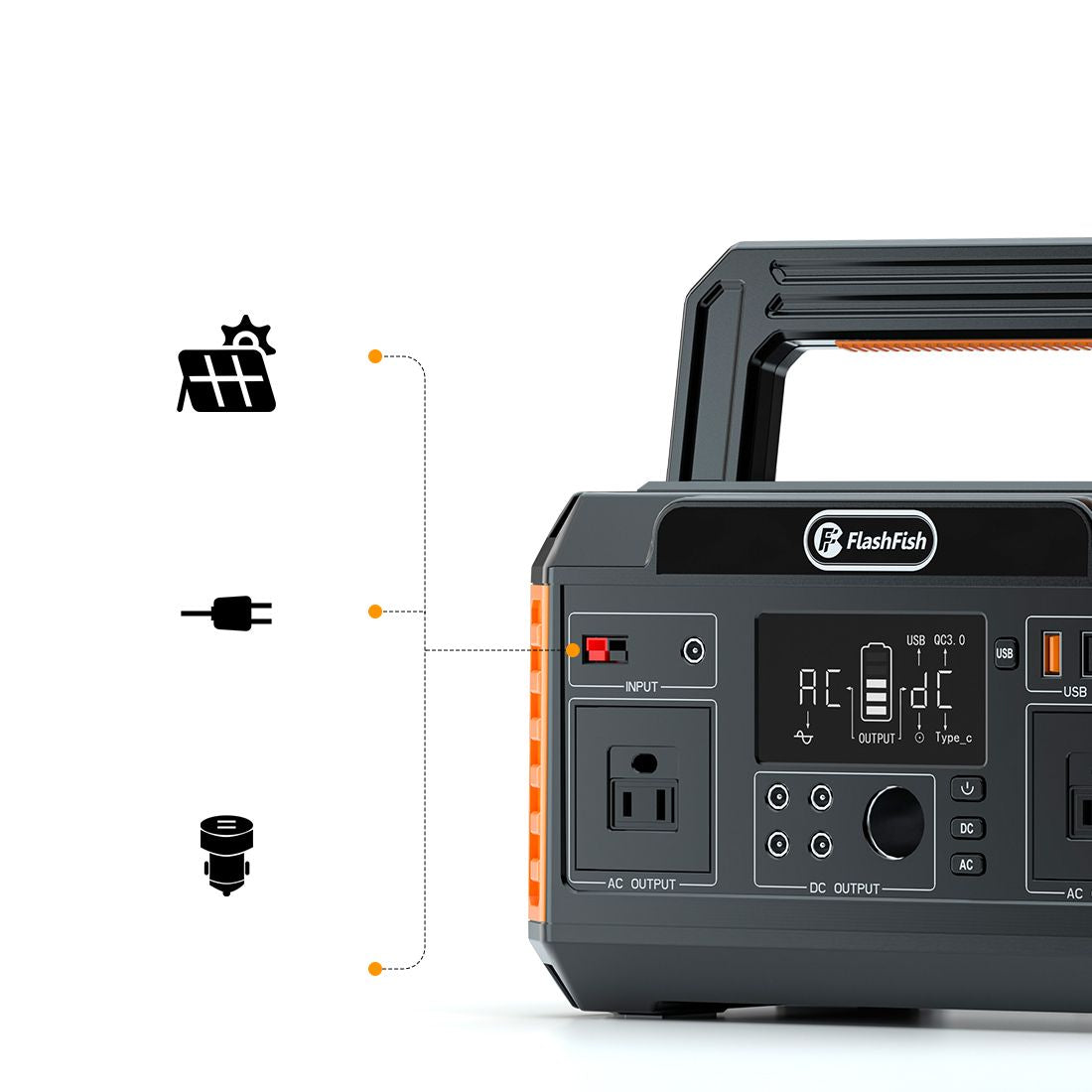 Flashfish 560W Portable Power Station;  520Wh/140400mAh Solar Generator Backup Power with 2x110V/560W AC Outlets;  5xDC Output and 4xUSB Outputs;  Lithium Battery pack Lithium Battery Pack