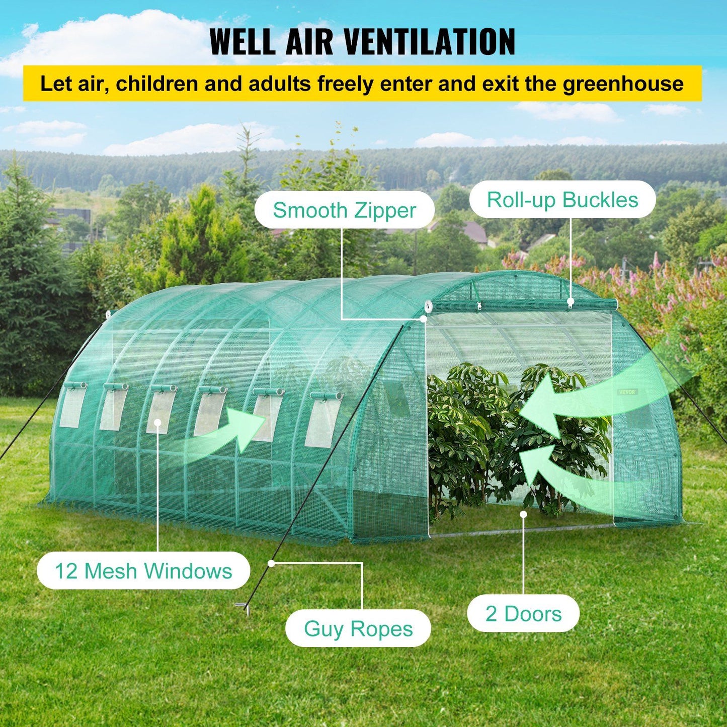 VEVOR Walk-in Tunnel Greenhouse, 20 x 10 x 7 ft Portable Plant Hot House w/ Galvanized Steel Hoops, 3 Top Beams, Diagonal Poles, 2 Zippered Doors & 12 Roll-up Windows, Green