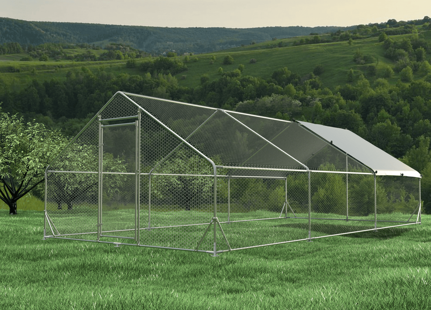 Large Metal Chicken Coop Walk-in Poultry Cage Hen Run House Rabbits Habitat Cage Spire Shaped Coop with Waterproof and Anti-Ultraviolet Cover (19.7' L x 9.8' W x 6.4' H)