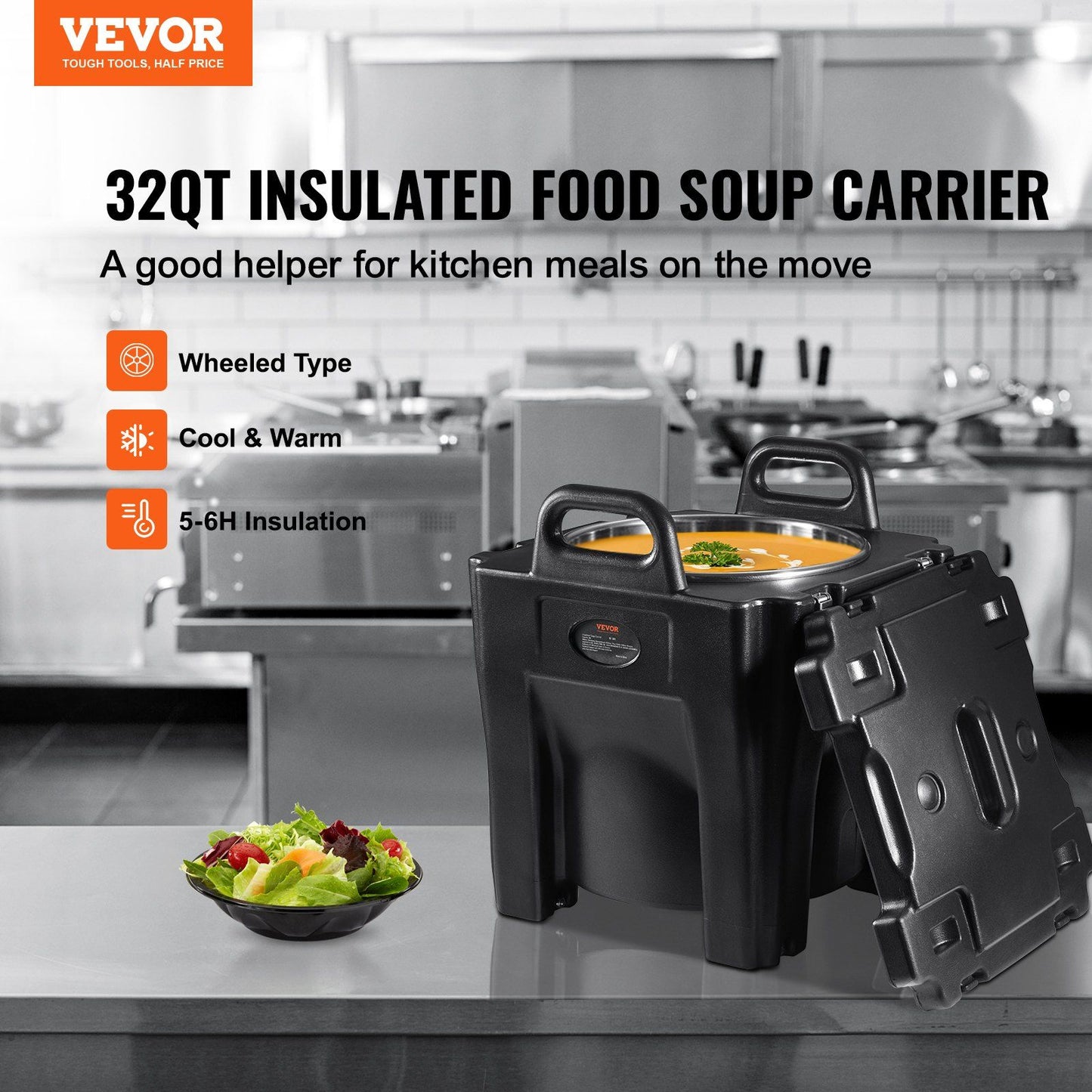 VEVOR Insulated Food Carrier, 32Qt Capacity, Stackable Catering Hot Box w/Stainless Steel Barrel, Top Load LLDPE Food Warmer w/Integral Handles Buckles Stationary Base, for Restaurant Canteen, Black