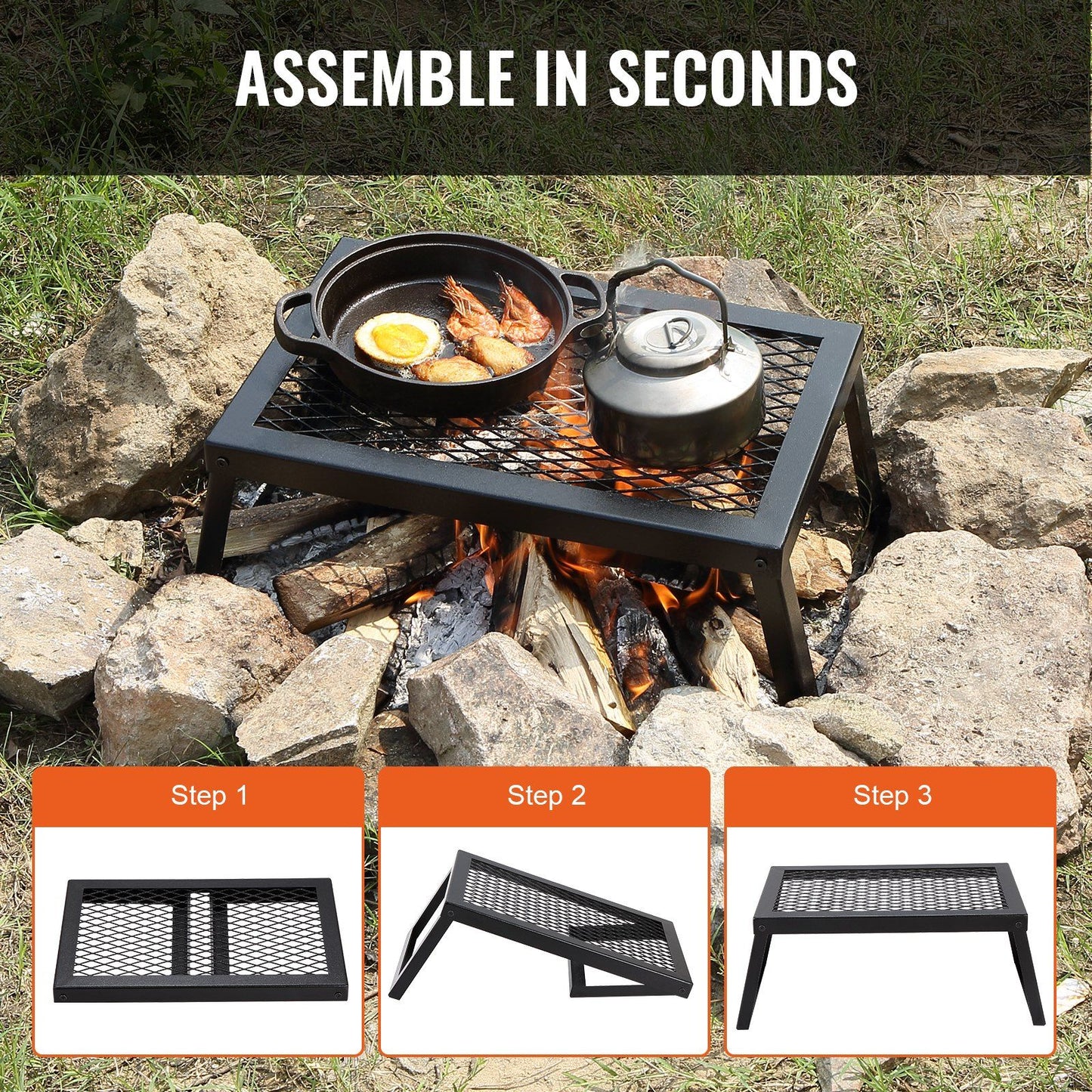 VEVOR Folding Campfire Grill, Heavy Duty Steel Mesh Grate, 18" Portable Camping Grates Over Fire Pit, Camp Fire Cooking Equipment with Legs Carrying Bag, Grilling Rack for Outdoor Open Flame Cooking