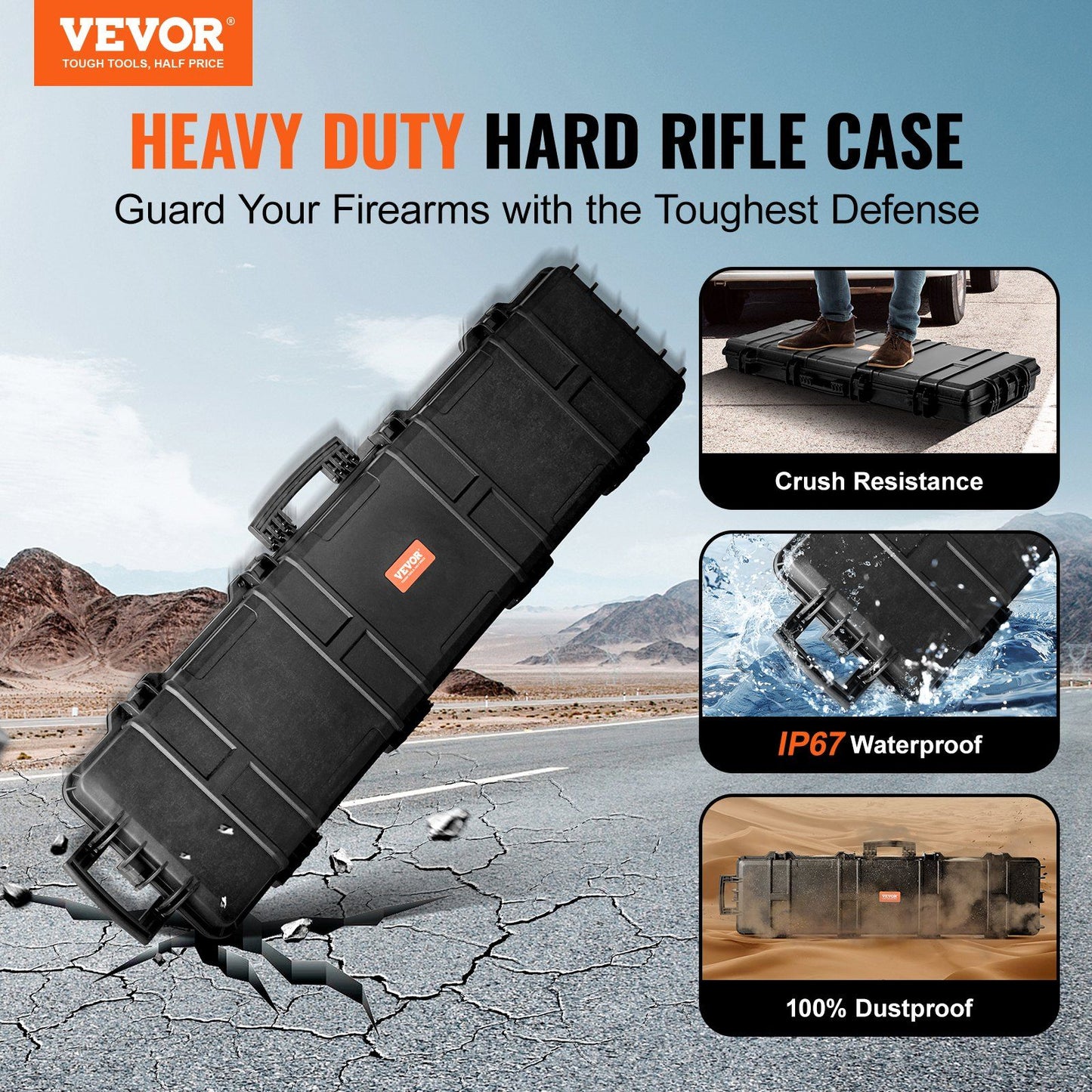 VEVOR Tactical Range Case, Outdoor Tactical Hard Case with 3 Layers Fully-protective Foams, 50 inch lockable Hard Tactical Range Case with Wheels, IP67 Waterproof & Crushproof