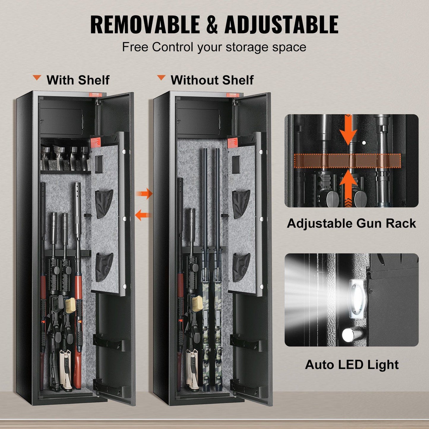 VEVOR 6 Rifles Gun Safe, Rifle Safe with Fingerprint & Digital Keypad Lock, Gun Storage Cabinet for Shotguns with Built-in Storage Locker, Removable Storage Shelf for Home Long Gun and Pistols