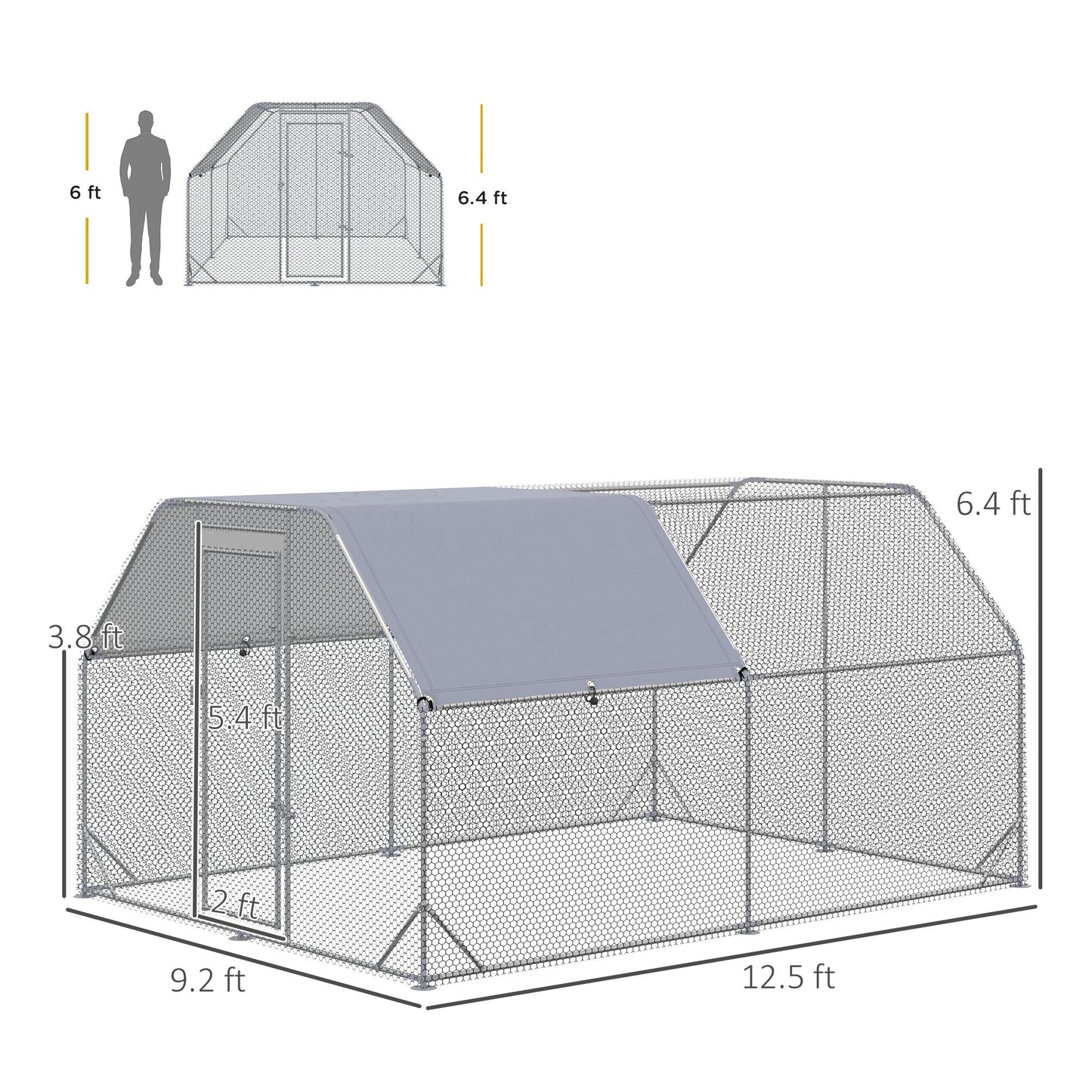 PawHut Large Chicken Coop Metal Chicken Run with Waterproof and Anti-UV Cover, Flat Shaped Walk in Fence Cage Hen House for Outdoor and Yard Farm Use, 1" Tube Diameter, 9.2' x 12.5' x 6.4'