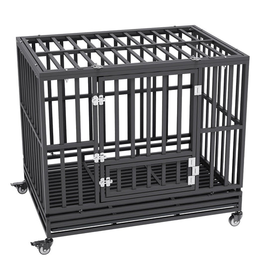 VEVOR 42 Inch Heavy Duty Dog Crate, Indestructible Dog Crate, 3-Door Heavy Duty Dog Kennel for Medium to Large Dogs with Lockable Wheels and Removable Tray, High Anxiety Dog Crate for Indoor & Outdoor