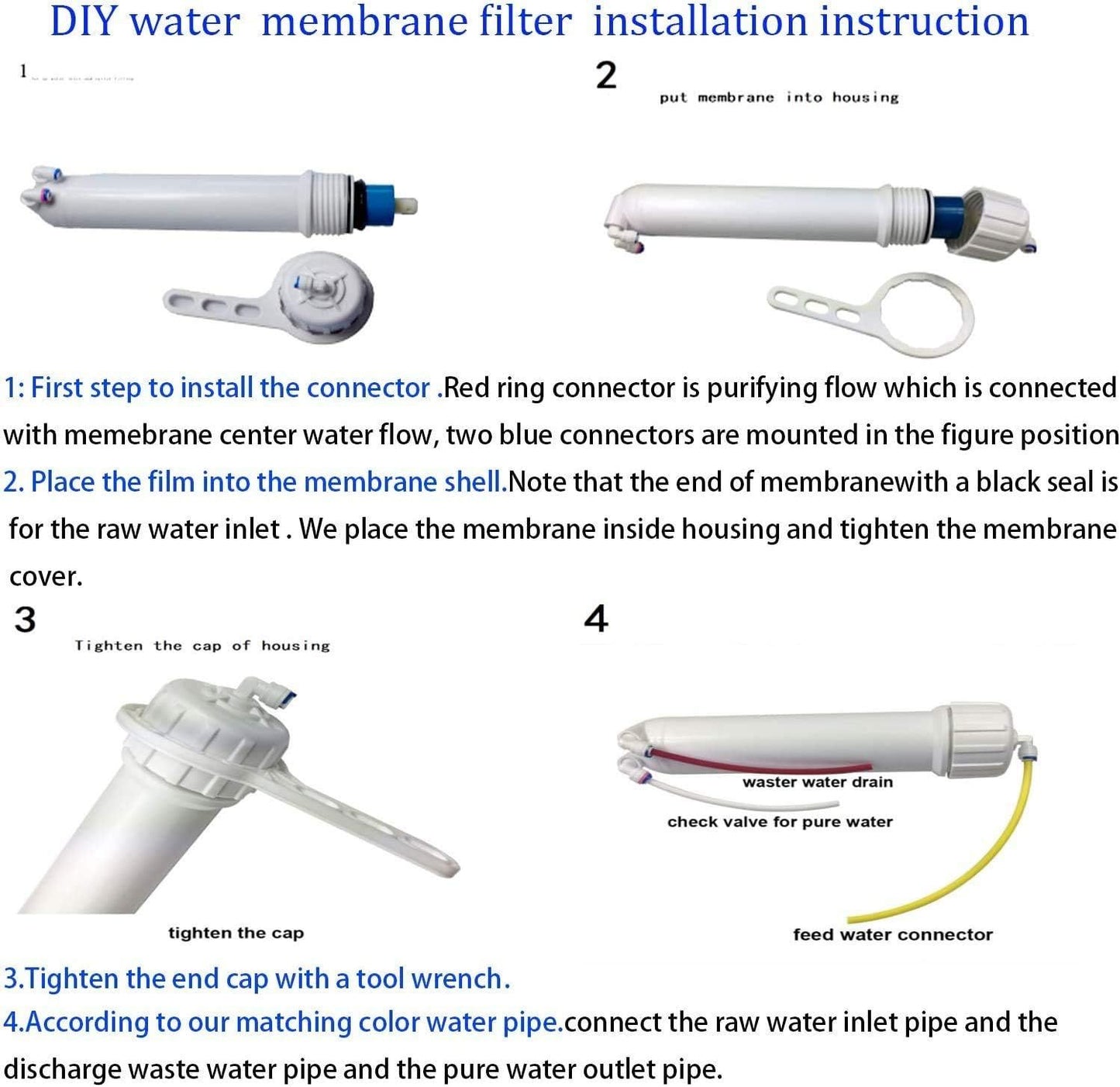 HUINING Reverse Osmosis Membrane 50/75/100/150/400/500GPD and RO Membrane Housing Kit with Quick Connector,Check Valve,Water Pipe,Wrench  for Residential Household Hospital Water Filtration System