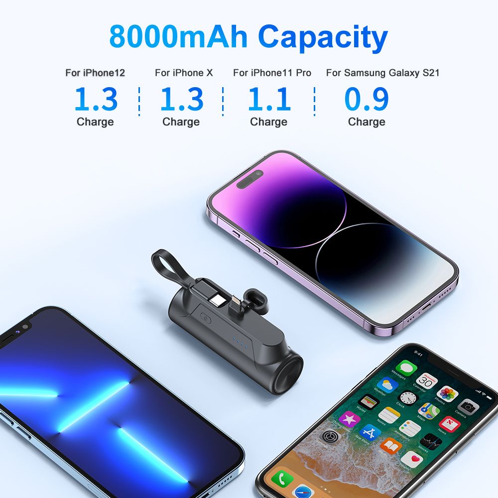 Portable Charger with Built in Cables, Portable Charger with Cords Wires Slim 8000mAh Travel Essentials Battery High Speed Power Bank for iPhone