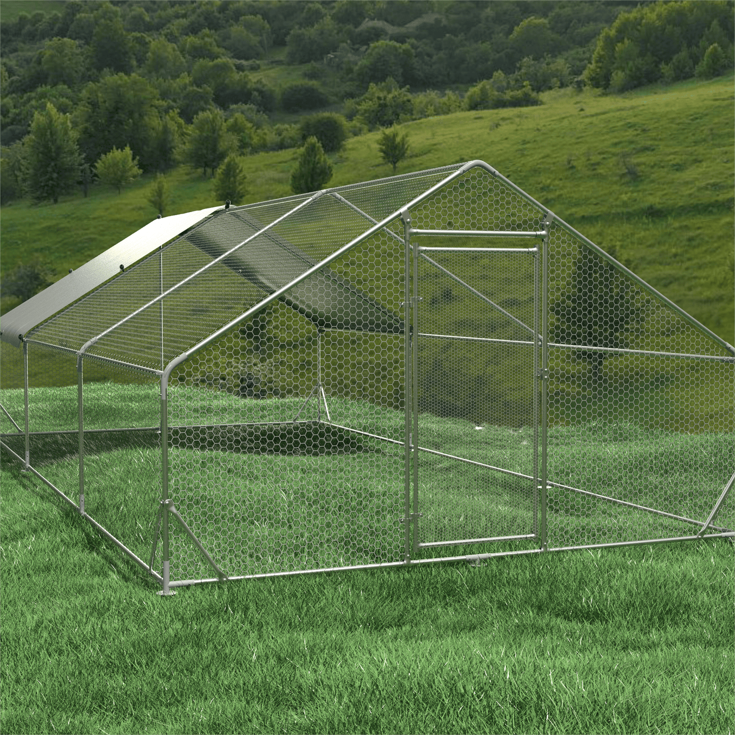 Large Metal Chicken Coop Walk-in Poultry Cage Hen Run House Rabbits Habitat Cage Spire Shaped Coop with Waterproof and Anti-Ultraviolet Cover (19.7' L x 9.8' W x 6.4' H)