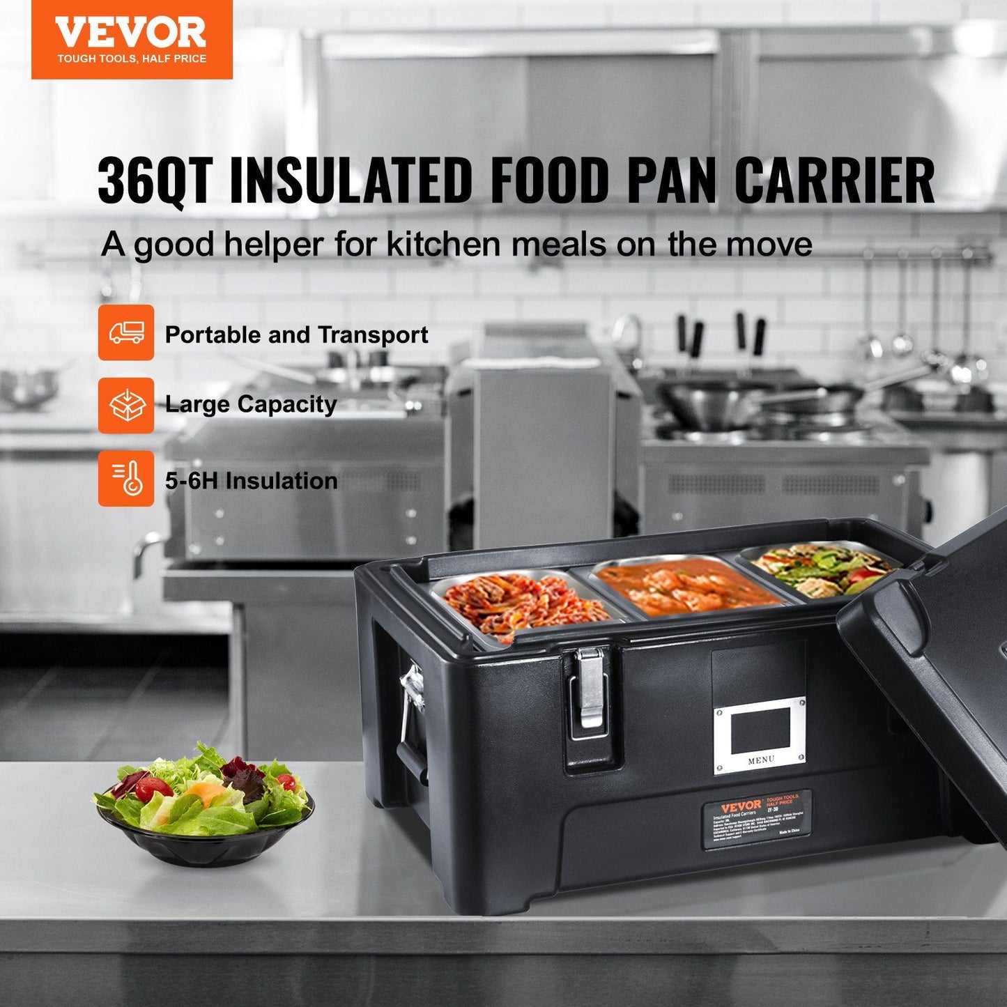 VEVOR Insulated Food Pan Carrier, 36Qt Capacity, Stackable Catering Hot Box w/ 3 Stainless Steel Pans, Top Load LLDPE Food Warmer w/Elastic Side Handles and Buckles, for Restaurant Canteen, Black