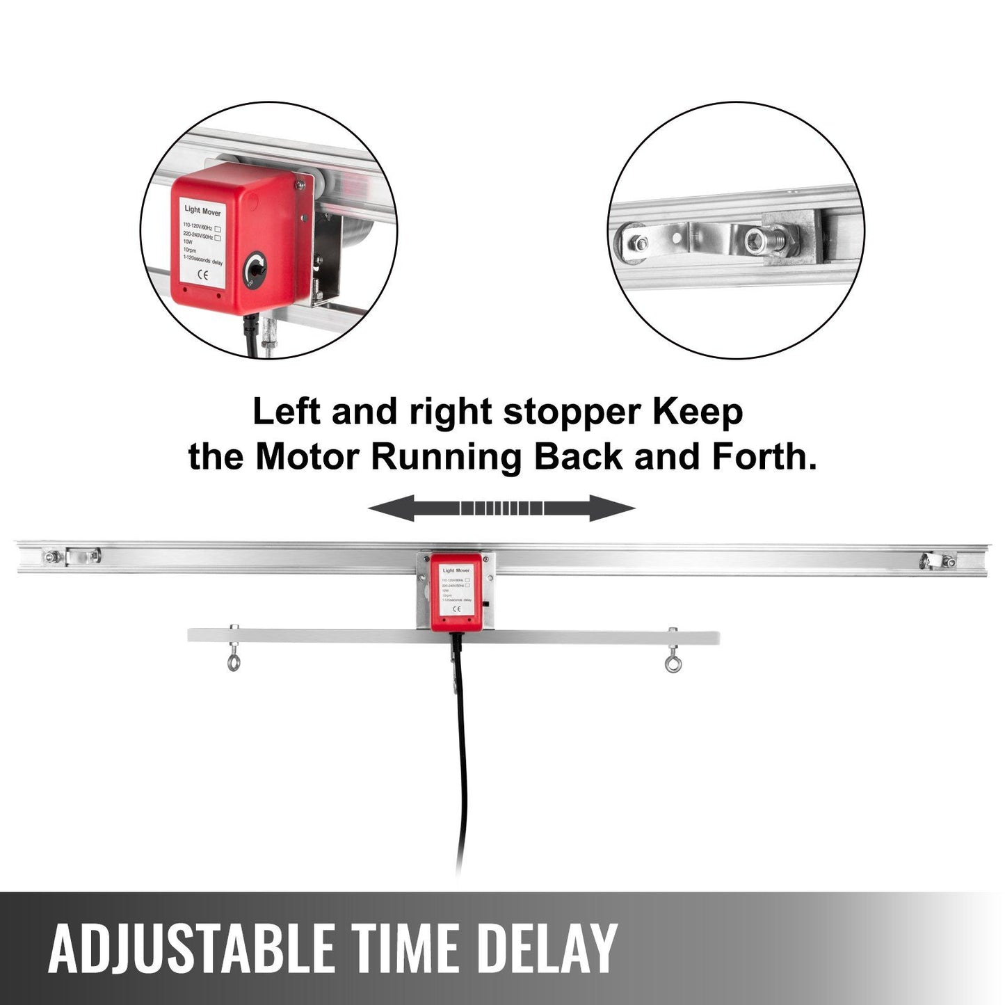 VEVOR 10.8 ft Adjustable Indoor Grow Light Mover Track Rail Mover Kit 10 r/min, Mover Motor w on/Off Button, Three Moving Rails, 0-120 Second Adjustable Time Delay Hydroponic Lighting System