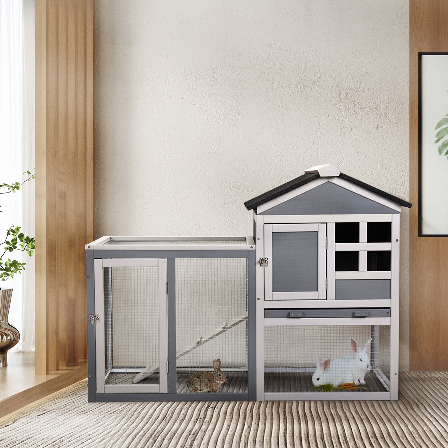 Indoor Outdoor Rabbit Hutch, Bunny Cage with Run, Pull Out Tray, Guinea Pig House for Small Animals, Gray