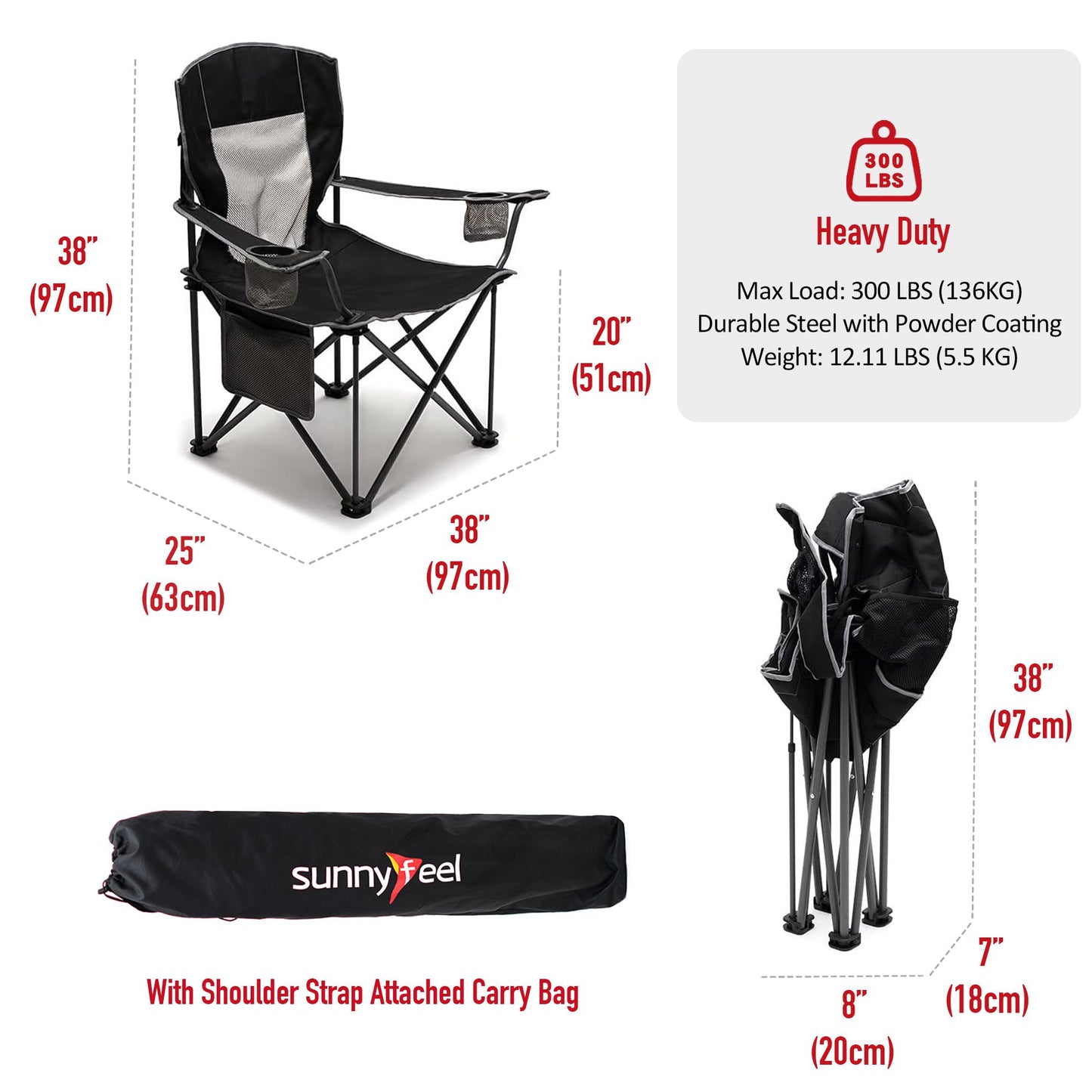 SUNNYFEEL XL Oversized Camping Chair, Folding Camp Chairs for Adults Heavy Duty Big Tall 300 LBS, Padded Portable Quad Arm Lawn Chair with Pocket for Outdoor/Picnic/Beach/Sports