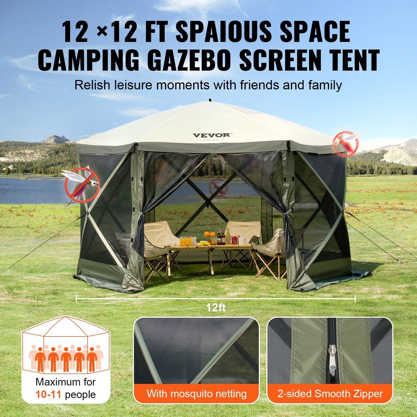 VEVOR Pop Up Gazebo Tent, Pop-Up Screen Tent 6 Sided Canopy Sun Shelter with 6 Removable Privacy Wind Cloths & Mesh Windows, 12x12FT Quick Set Screen Tent with Mosquito Netting, Army Green