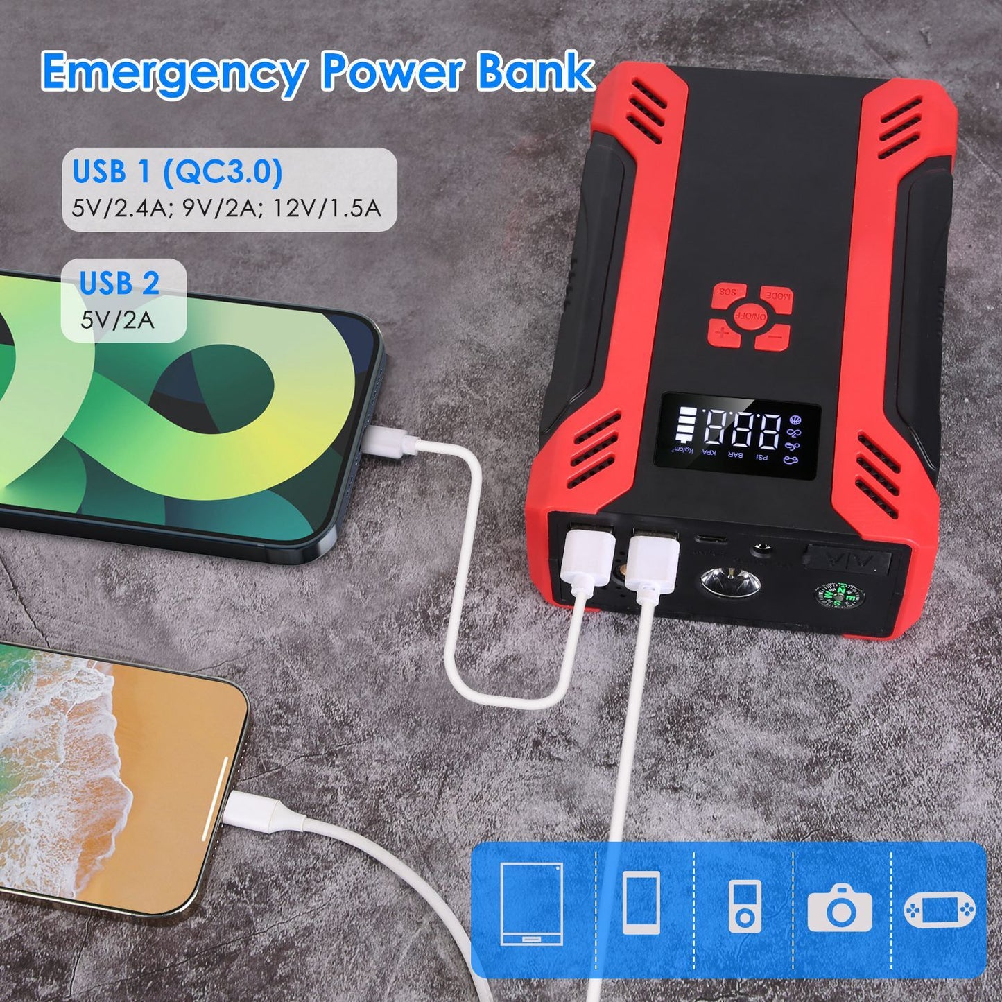 Car Jump Starter with Air Compressor Portable Car Battery Booster with Digital Tire Inflator with 2000mAh Peak Current for 12V Car 6.5L Gas or 4.0L Diesel Engines