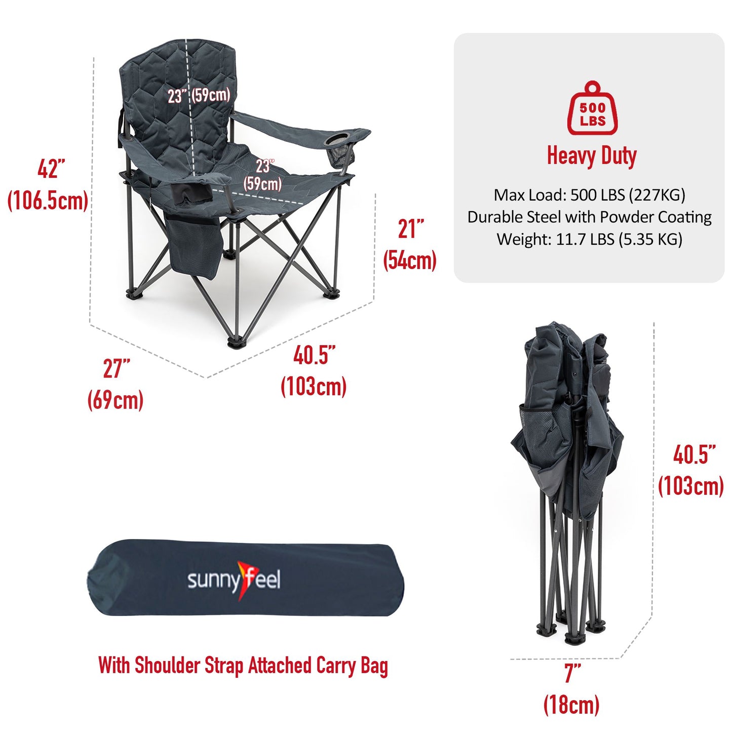 XXL Oversized Camping Chair Heavy Duty 500 LBS for Big Tall People Above 6'4 Padded Portable Folding Sports Lawn Chairs with Armrest Cup Holder & Pocket for Outdoor/Travel/Picnic/Camp