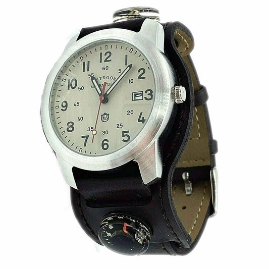 Field & Stream Men's Outdoor Adventures Brown Leather Compass Thermometer Analog Watch