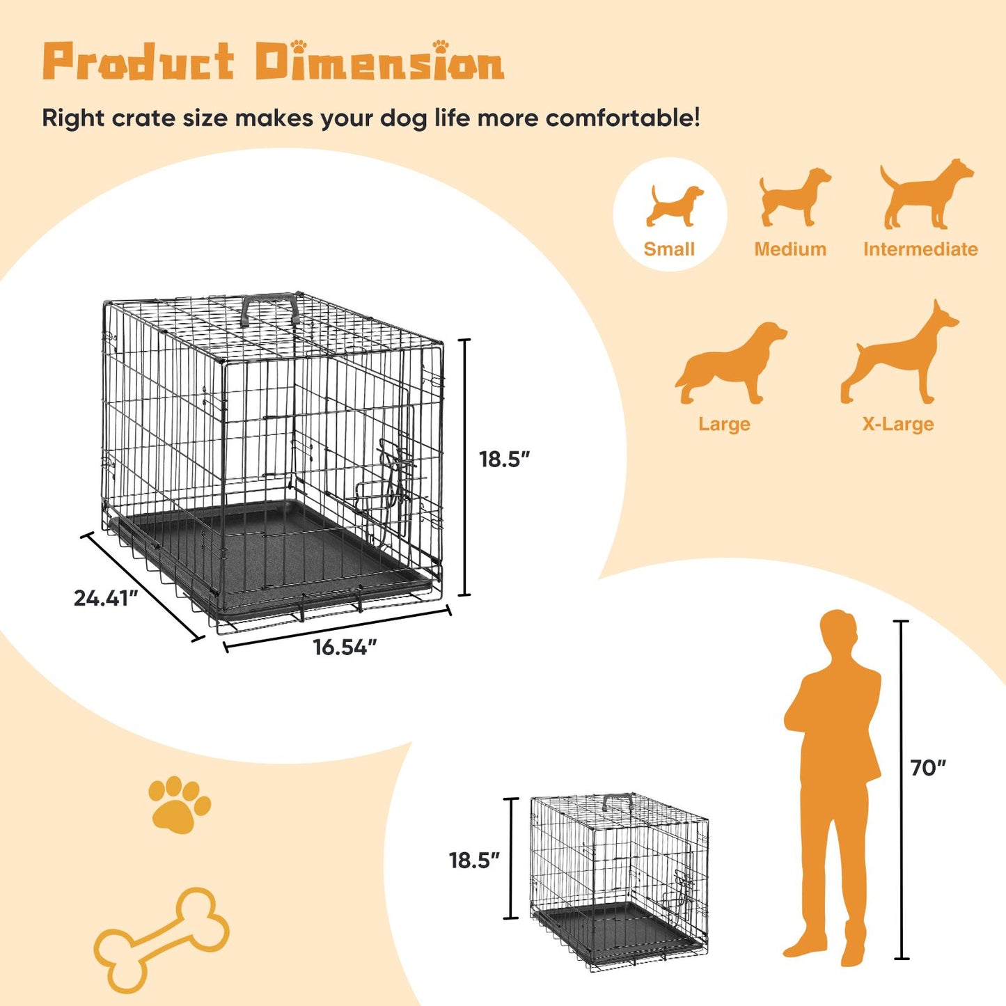 Dog Crate with Divider Panel, 24 Inch Double Door Folding Metal Wire Dog Cage with Plastic Leak-Proof Pan Tray, Pet Kennel for Indoor