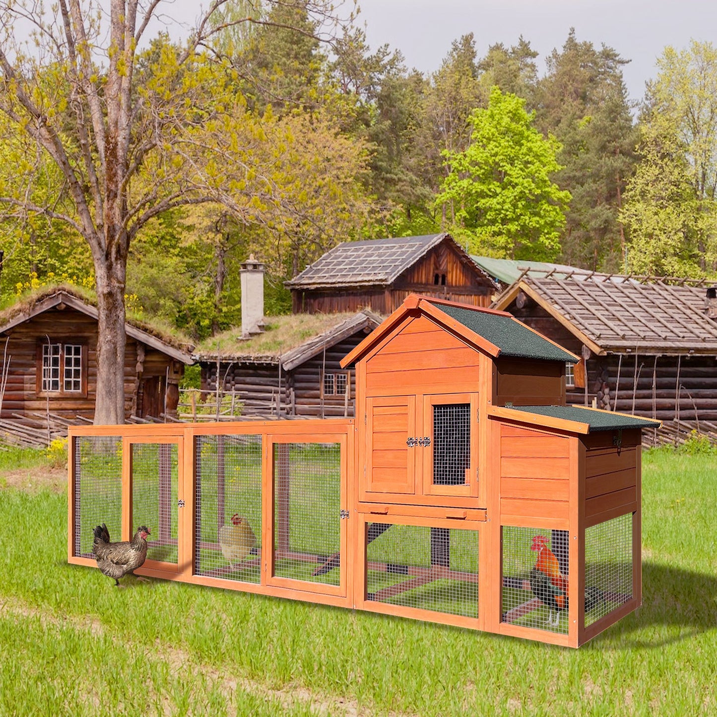 Large Wooden Chicken Coop,Outdoor Hen House with Nest Box ,Wire Fence Poultry Cage