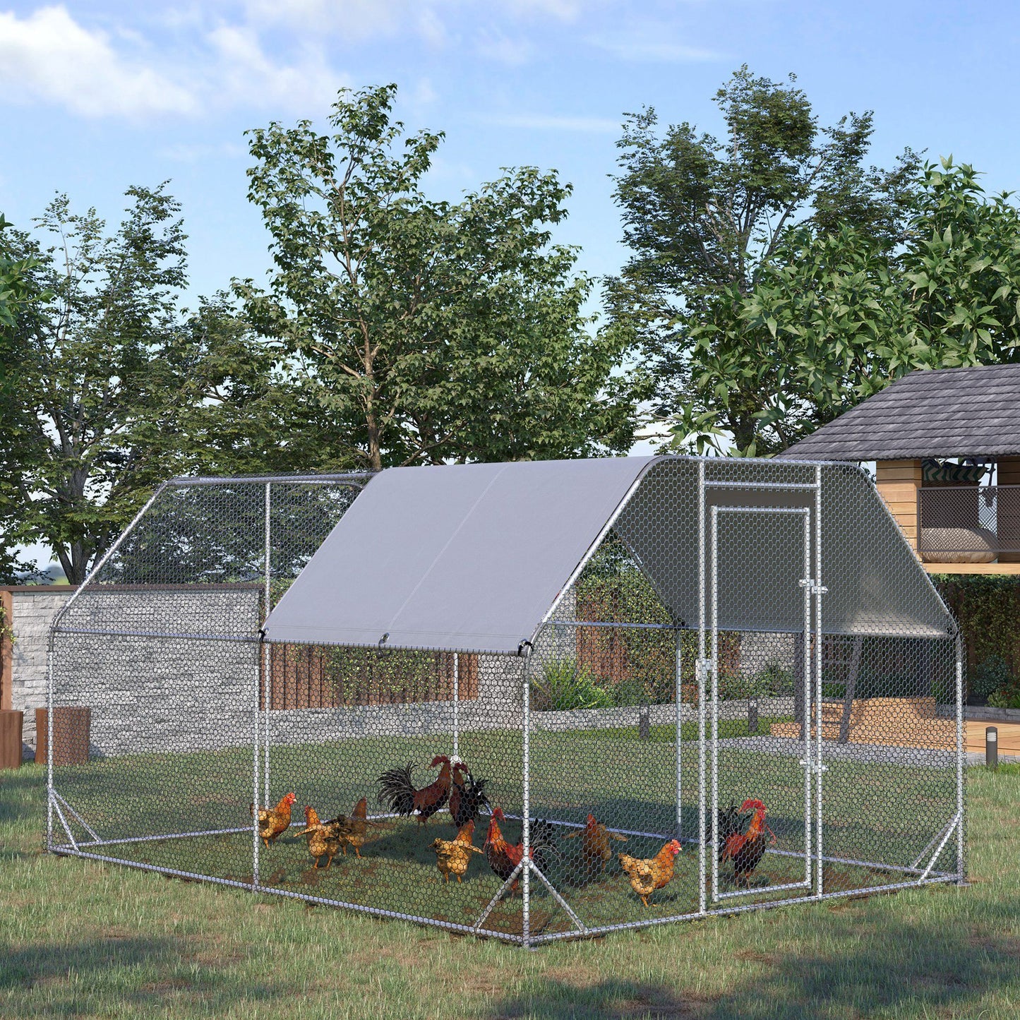 PawHut Large Chicken Coop Metal Chicken Run with Waterproof and Anti-UV Cover, Flat Shaped Walk in Fence Cage Hen House for Outdoor and Yard Farm Use, 1" Tube Diameter, 9.2' x 12.5' x 6.4'