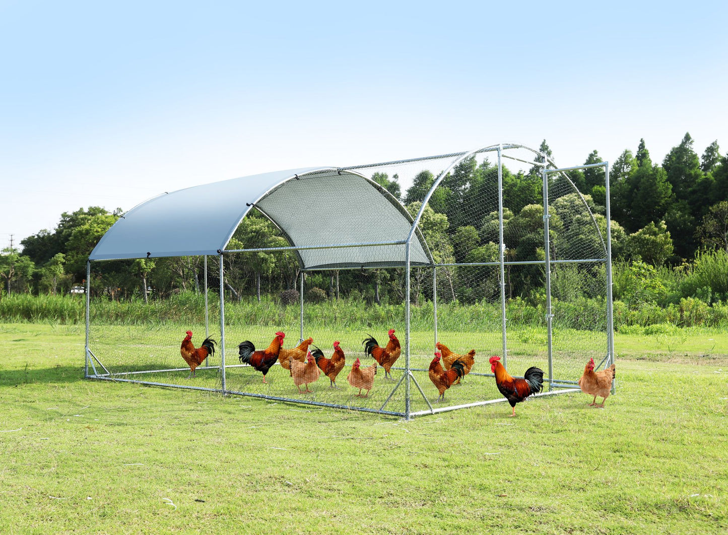 Large metal chicken coop upgrade three support steel wire impregnated plastic net cage, Oxford cloth silver plated waterproof UV protection, duck rabbit sheep bird outdoor house 9.2'W x 12.5'L x 6.5'H