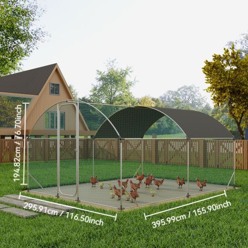 Large Metal Chicken Coop with Run, Walkin Chicken Coop for Yard with Waterproof Cover, 13.1 x 9.8 x 6.6 ft, Dome Roof Large Poultry Cage for Hen House, Duck Coop and Rabbit Run, Silver