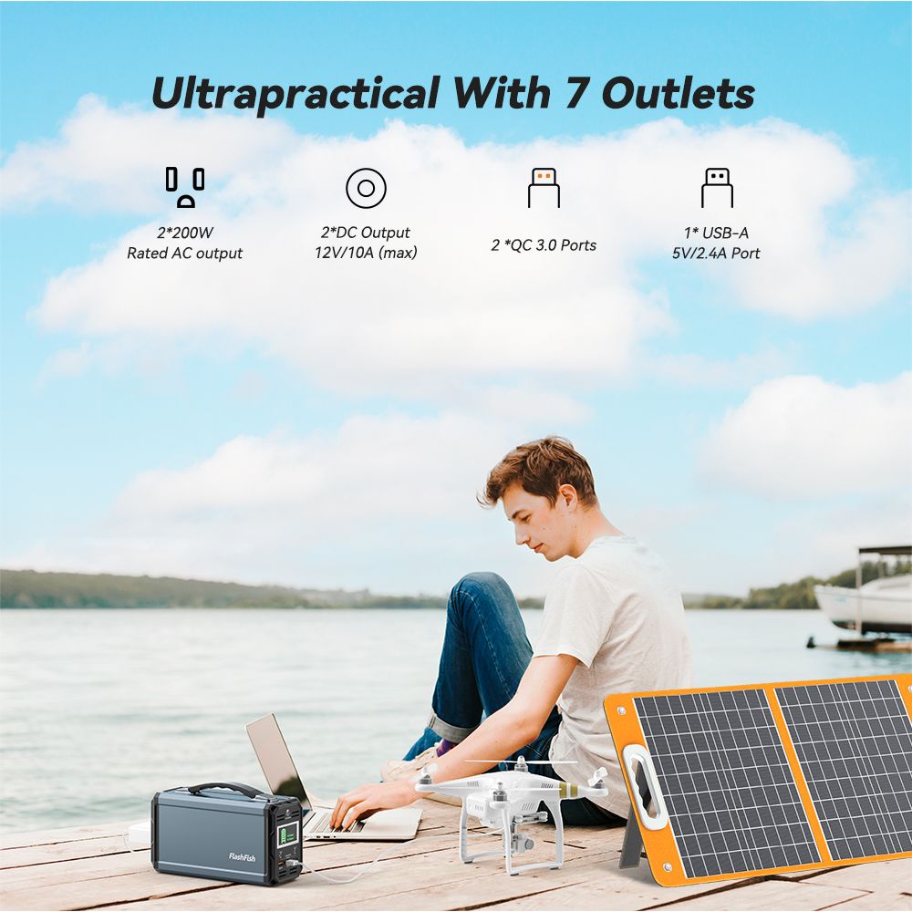 300W Solar Generator, FlashFish 60000mAh Portable Power Station Camping Potable Generator with 60W 18V Portable Solar Panel, Flashfish Foldable Solar Charger with 5V USB 18V DC Output