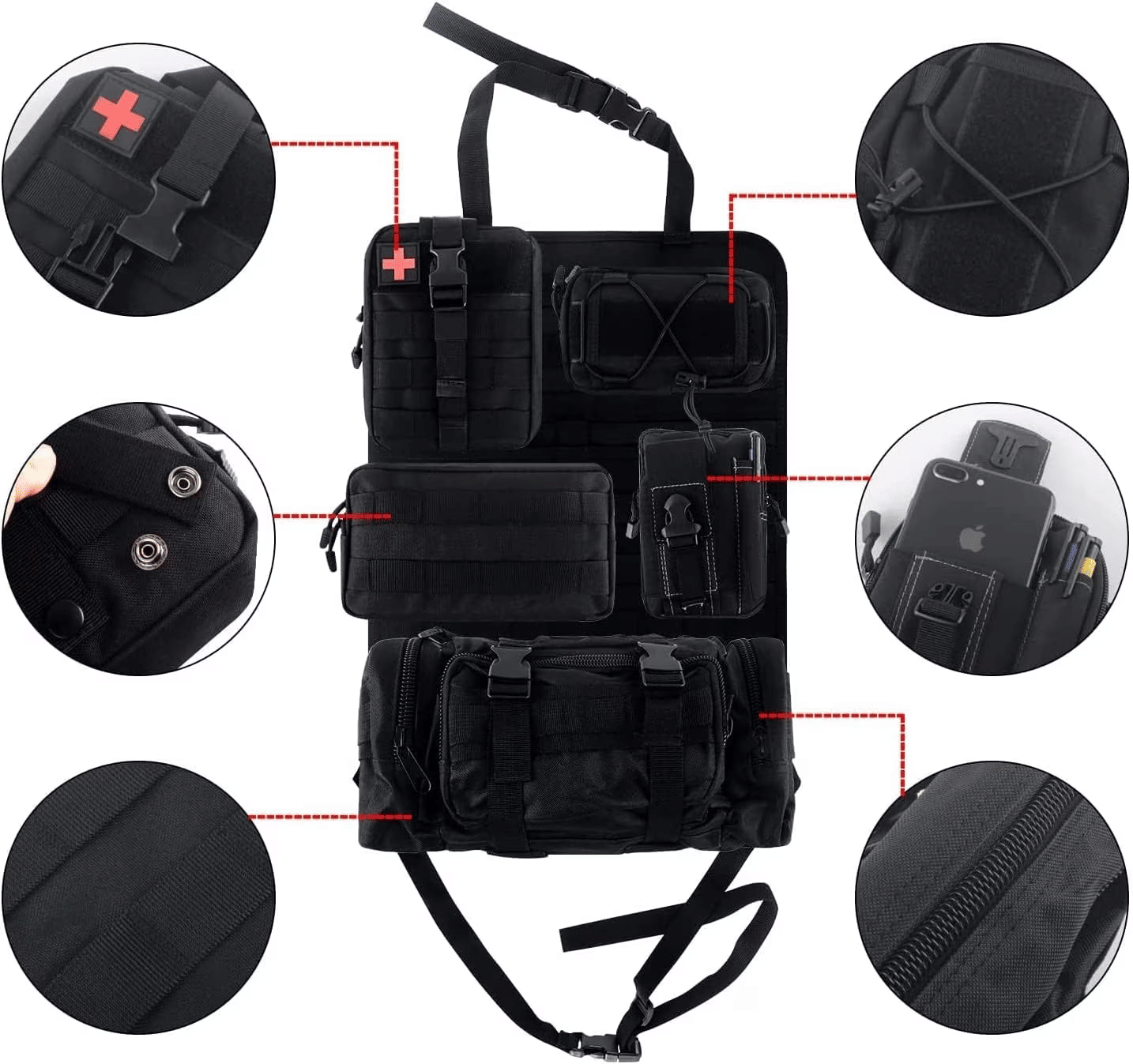 Molle Nylon Tactical Car Seat Organiser Front Seat Back Storage Bag Backrest Protector With 5 Pockets For All Vehicles