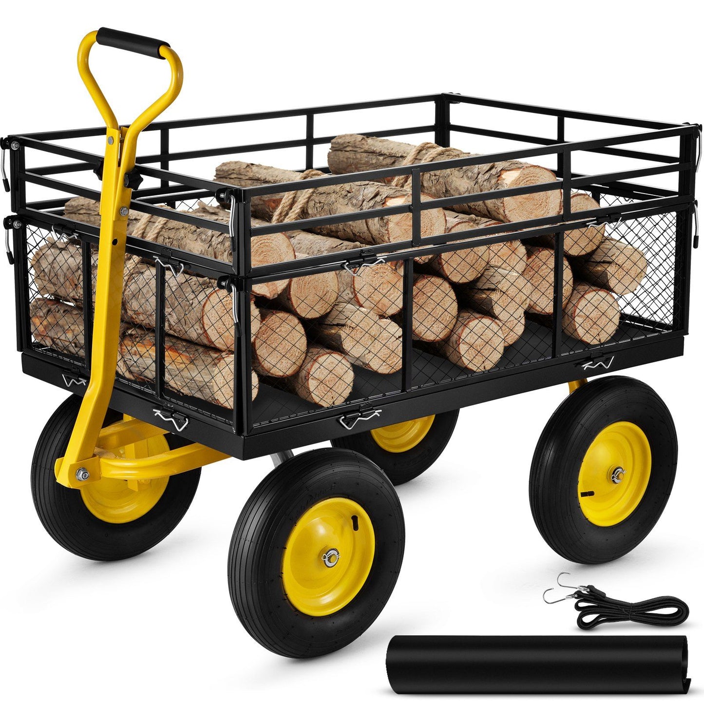 VEVOR Steel Garden Cart, Heavy Duty 1400 lbs Capacity, with Removable Mesh Sides to Convert into Flatbed, Utility Metal Wagon with 2-in-1 Handle and 15 in Tires, Perfect for Garden, Farm, Yard