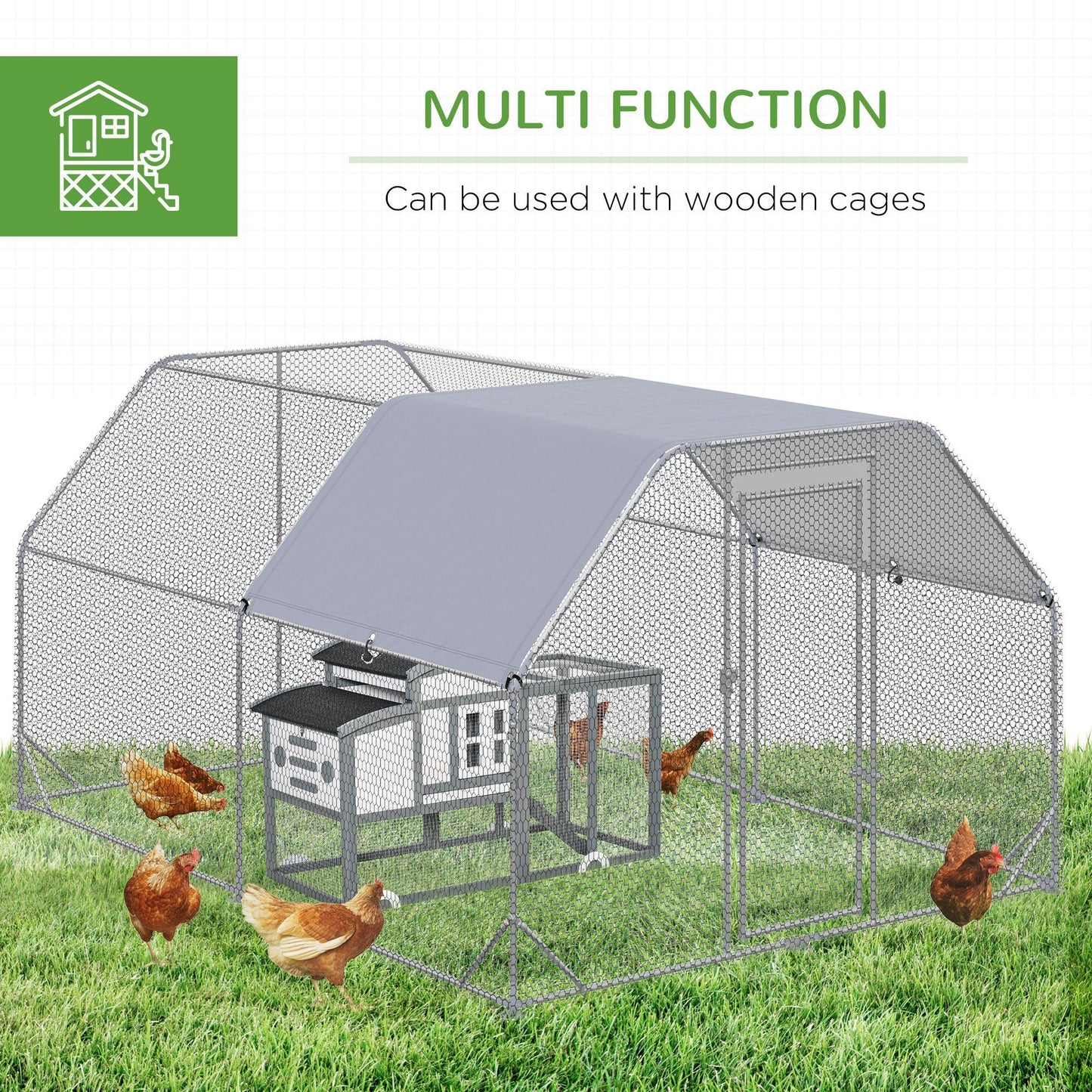 PawHut Large Chicken Coop Metal Chicken Run with Waterproof and Anti-UV Cover, Flat Shaped Walk in Fence Cage Hen House for Outdoor and Yard Farm Use, 1" Tube Diameter, 9.2' x 12.5' x 6.4'