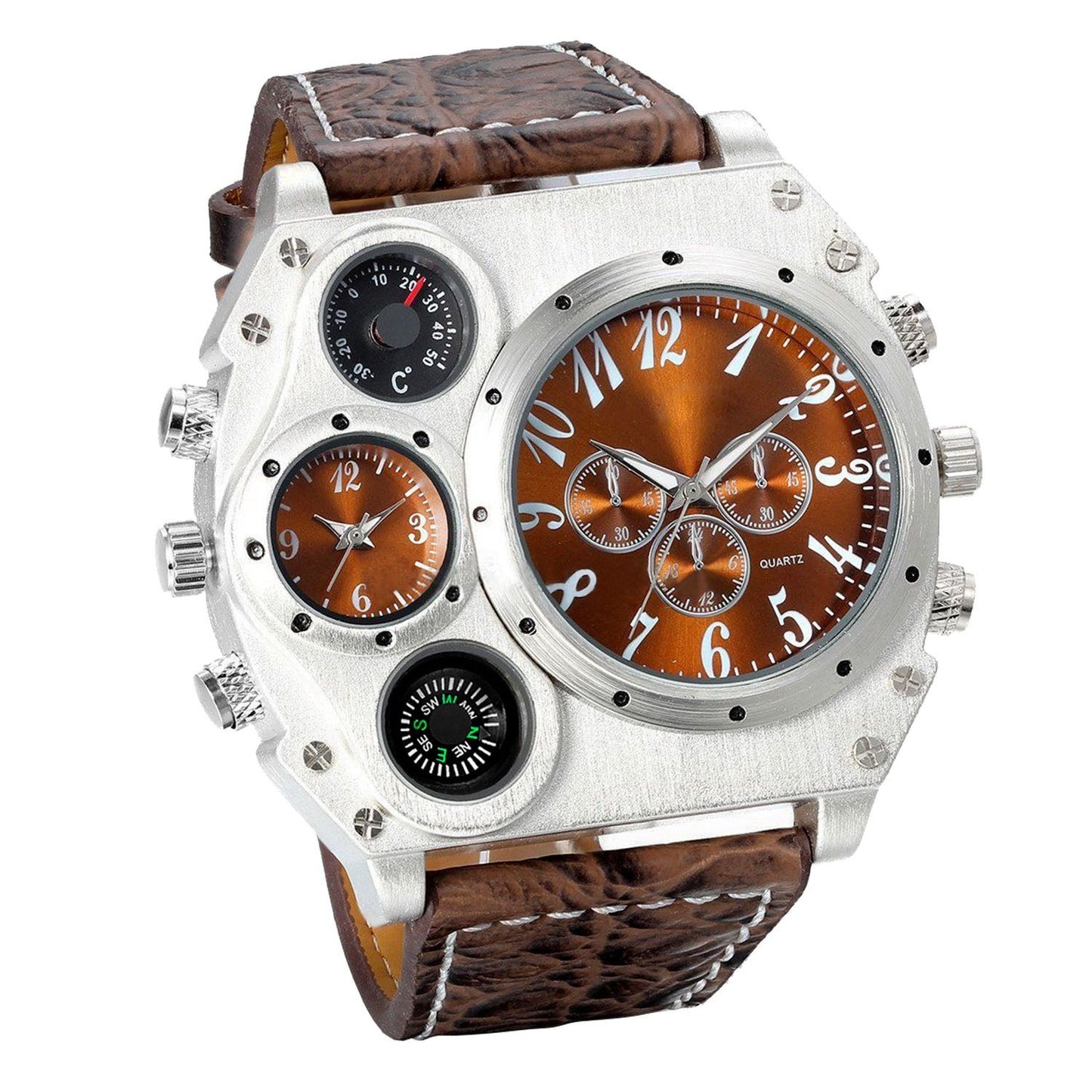 Men's Quartz Watch Two Time Zone Big Face Military Style Compass Thermometer Decorative Dial PU Leather Strap