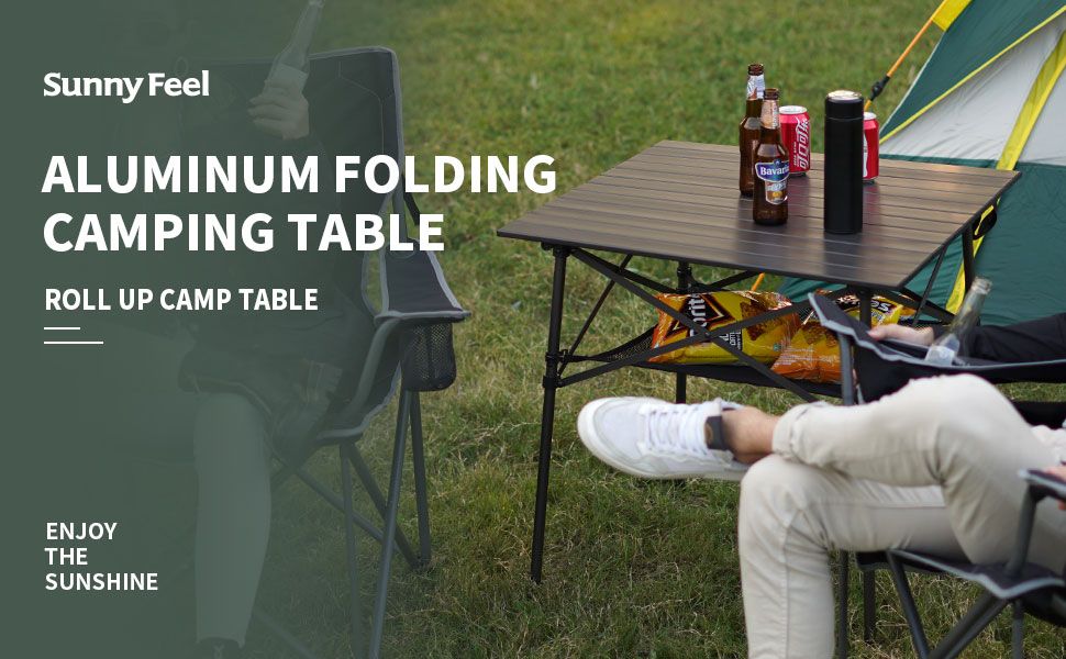 SUNNYFEEL Outdoor Folding Table | Lightweight Compact Aluminum Camping Table, Roll Up Top 4 People Portable Camp Square Tables with Carry Bag for Picnic/Cooking/Beach/Travel/BBQ