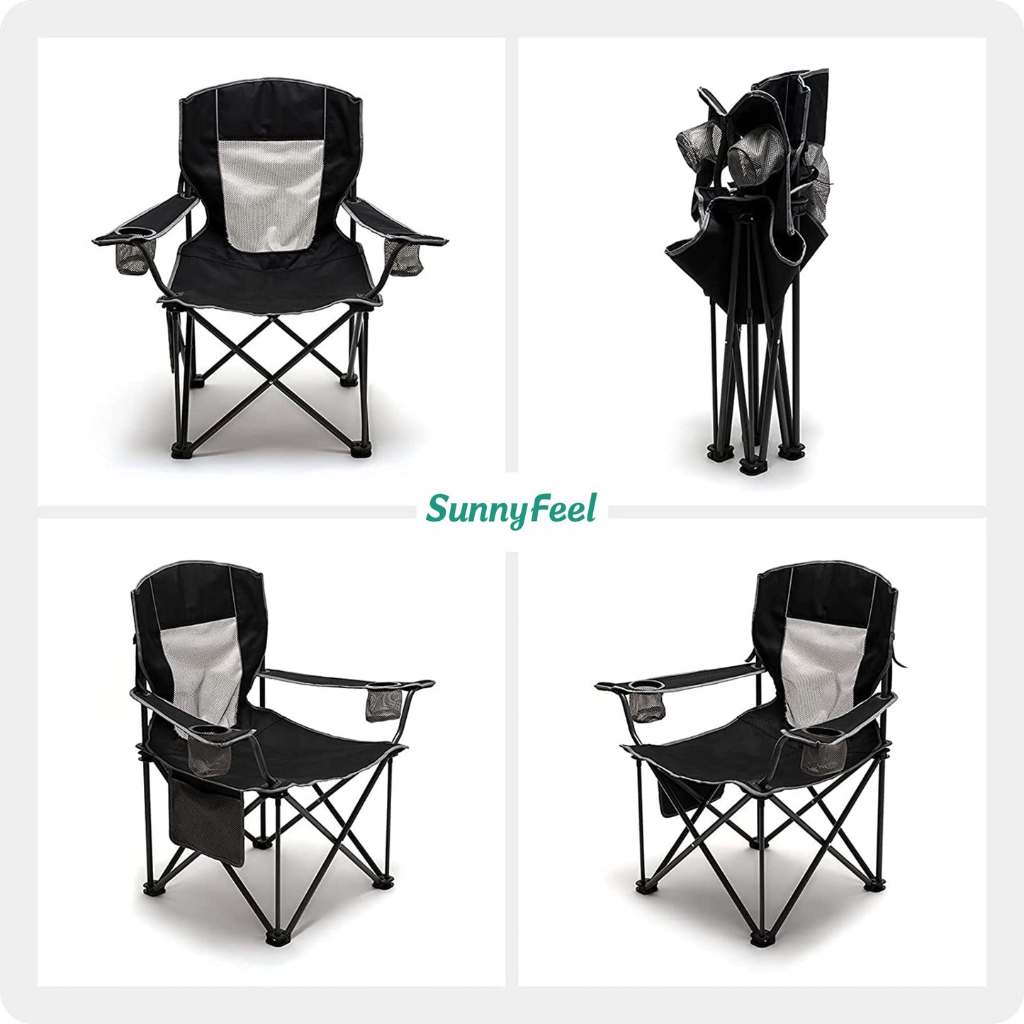 SUNNYFEEL XL Oversized Camping Chair, Folding Camp Chairs for Adults Heavy Duty Big Tall 300 LBS, Padded Portable Quad Arm Lawn Chair with Pocket for Outdoor/Picnic/Beach/Sports