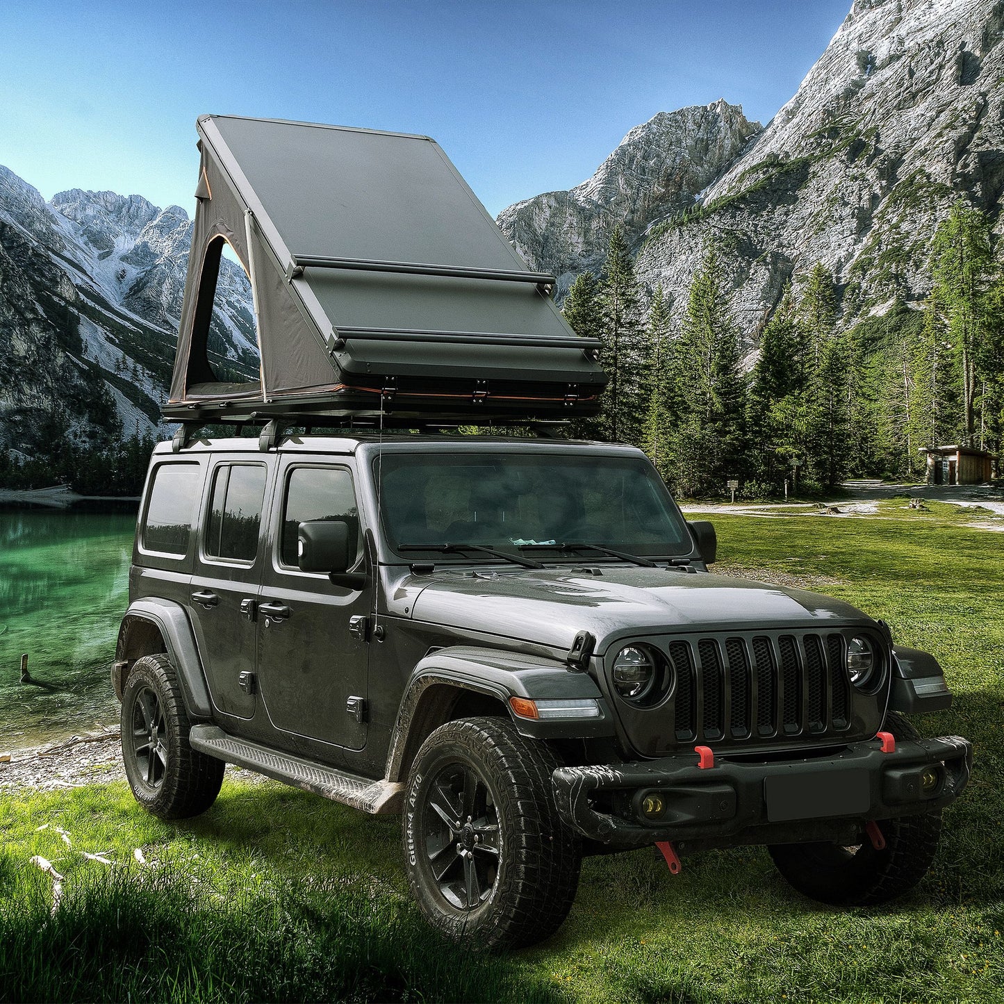 Trustmade Triangle Aluminium Black Hard Shell Grey Rooftop Tent with Roof Rack Scout Plus Series