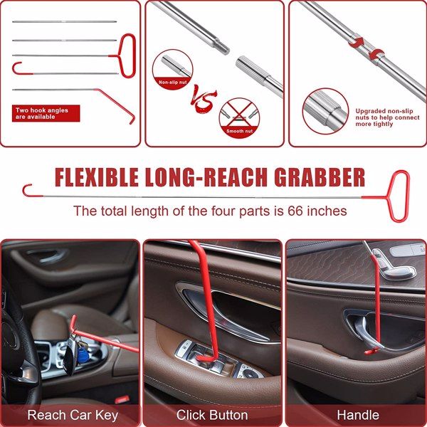 Stainless steel long distance hook tool Automotive emergency door opening tool set Oval handle Red warping piece set wedge air bag wrench combination tool