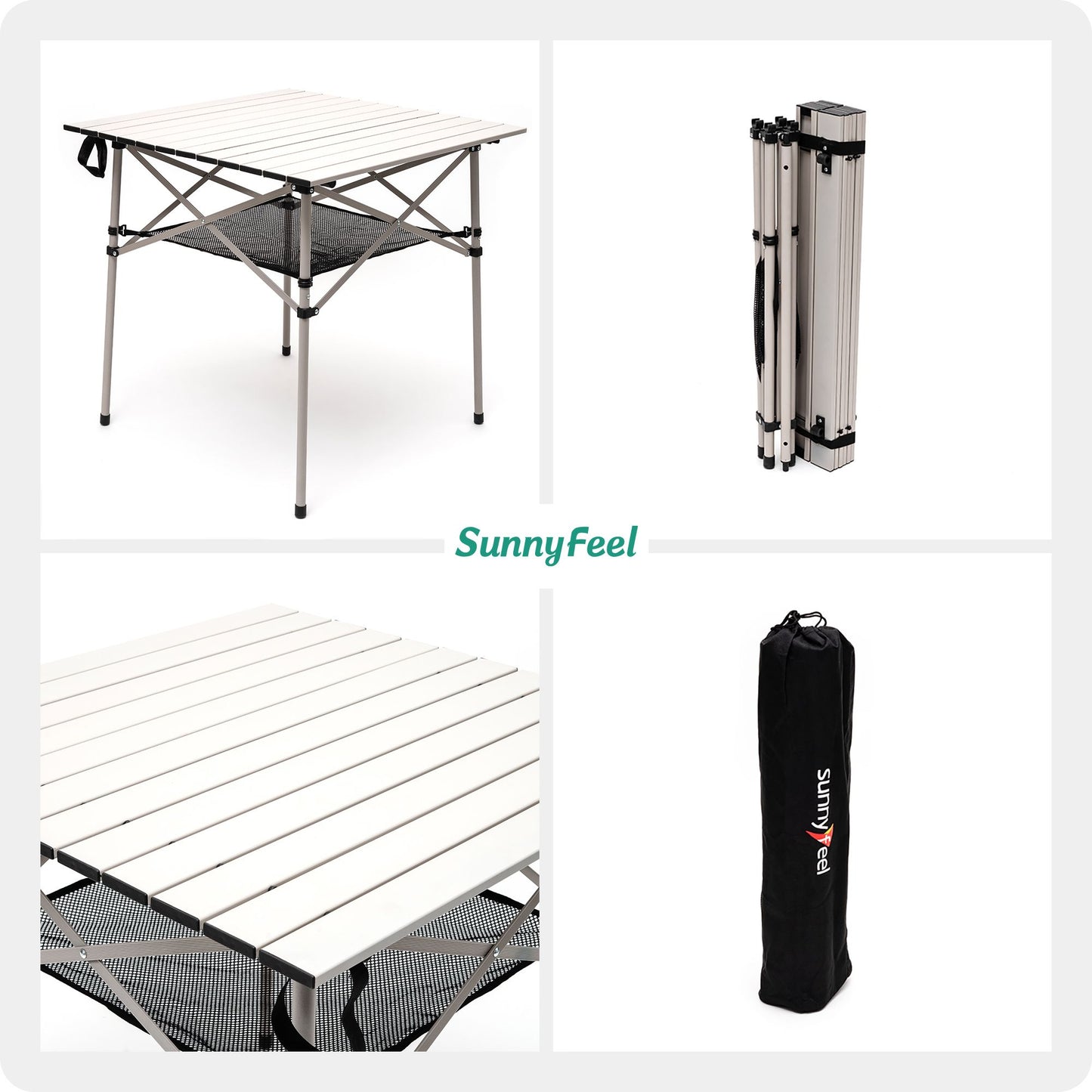 SUNNYFEEL Outdoor Folding Table | Lightweight Compact Aluminum Camping Table, Roll Up Top 4 People Portable Camp Square Tables with Carry Bag for Picnic/Cooking/Beach/Travel/BBQ