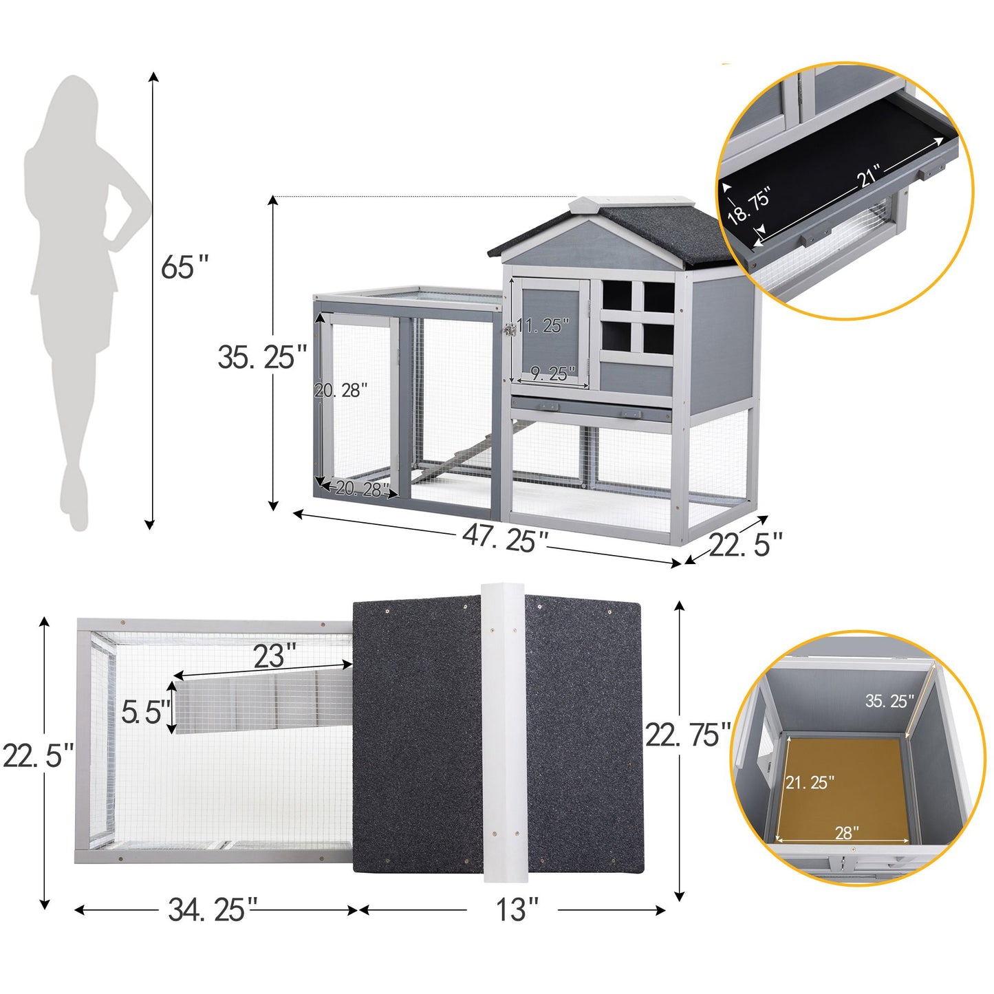 Indoor Outdoor Rabbit Hutch, Bunny Cage with Run, Pull Out Tray, Guinea Pig House for Small Animals, Gray