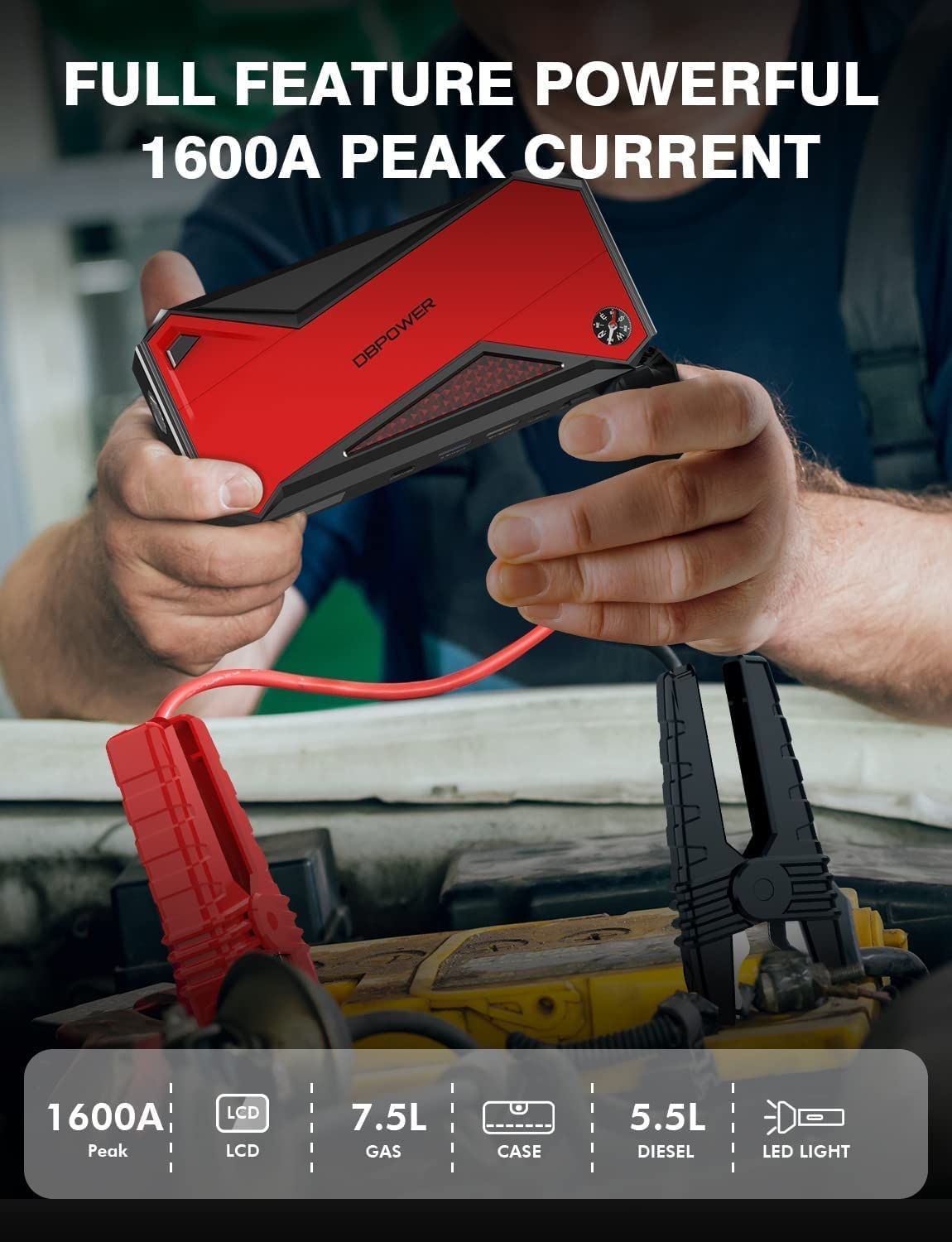 DBPOWER Peak 1600A 18000mAh Portable Car Jump Starter( up to 7.2 Gas;  5.5L Diesel Engines) Battery Booster with Smart Charging Port;  LCD Display;  Intelligent Jumper Clamps;  Compass and LED Light