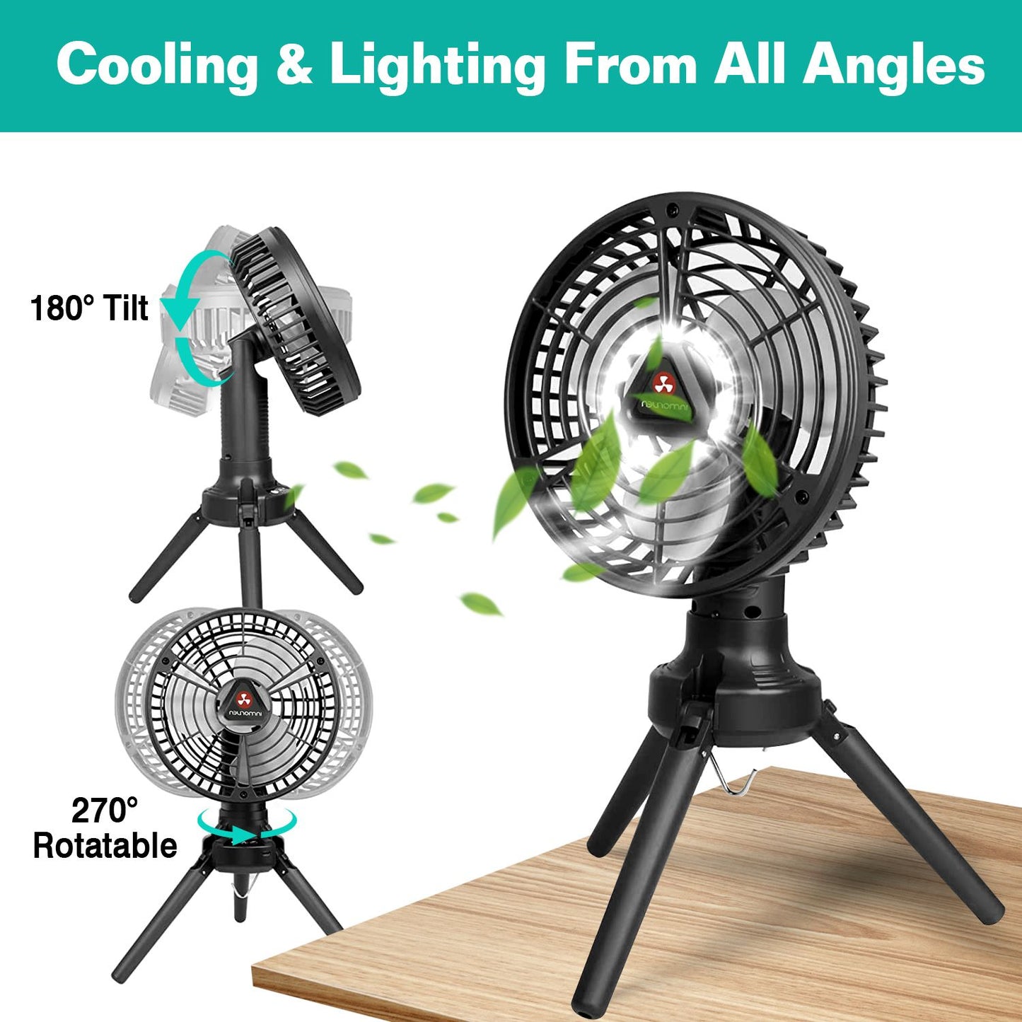 Foldable Camping Fan with Emergency Power Bank 270° Oscillating Rechargeable Tripod Fan for Hiking Fishing Personal Desk Fan with 4 Speeds 3 Brightness