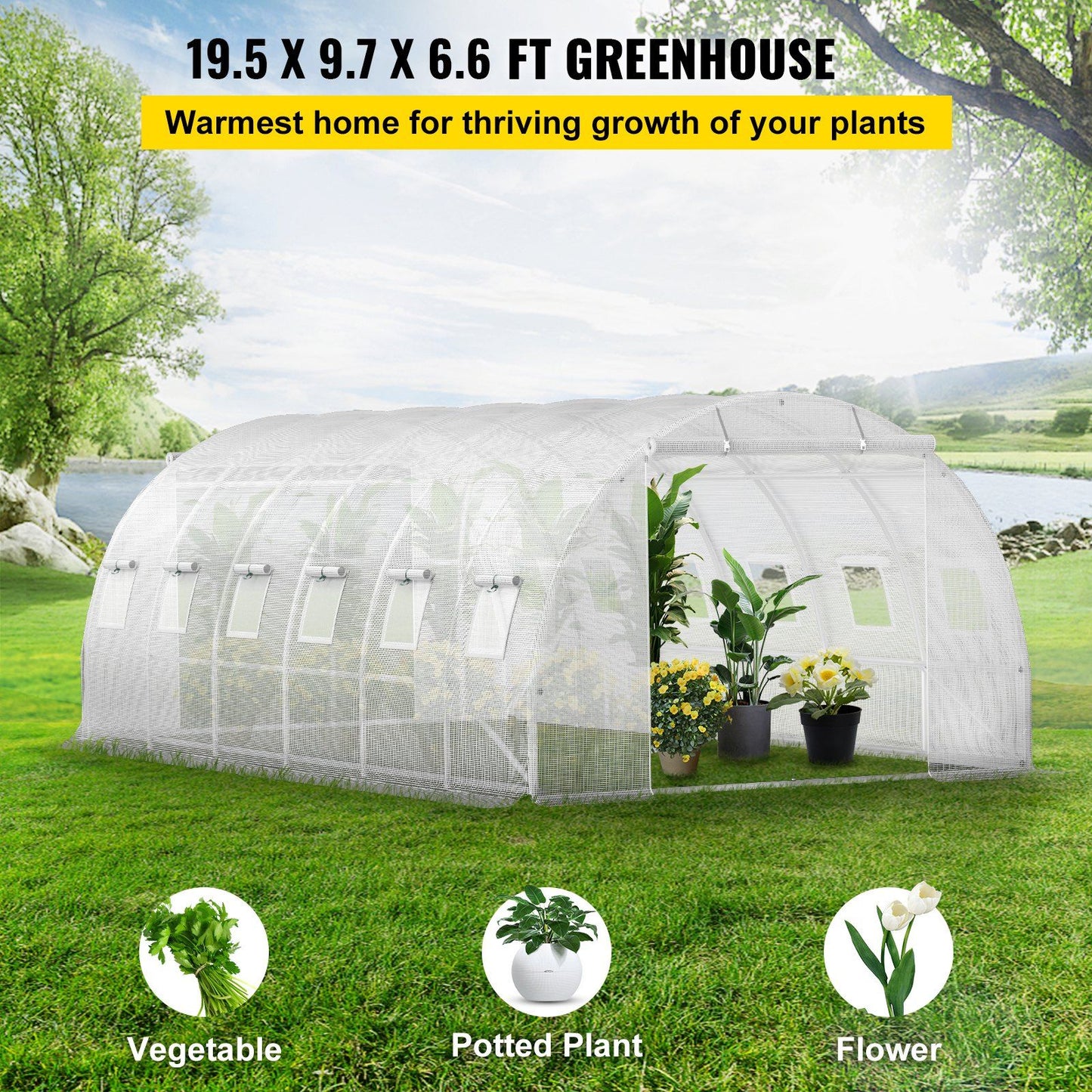 VEVOR Walk-in Tunnel Greenhouse, 20 x 10 x 7 ft Portable Plant Hot House w/ Galvanized Steel Hoops, 3 Top Beams, Diagonal Poles, 2 Zippered Doors & 12 Roll-up Windows, White