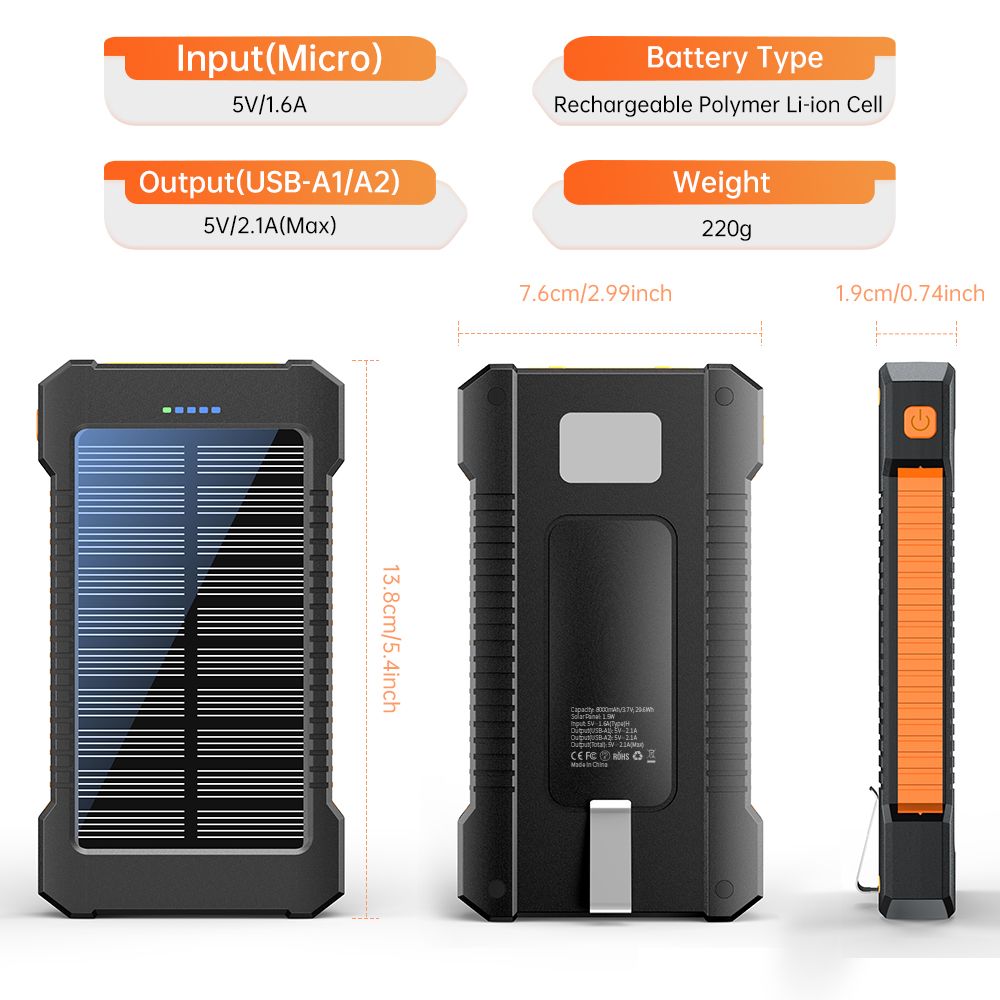 Solar-Powered Portable Charger With Built-In Light, Featuring An 8000mAh High-Capacity Battery Pack, Capable Of Solar Charging And Illumination, Compatible With IPhone